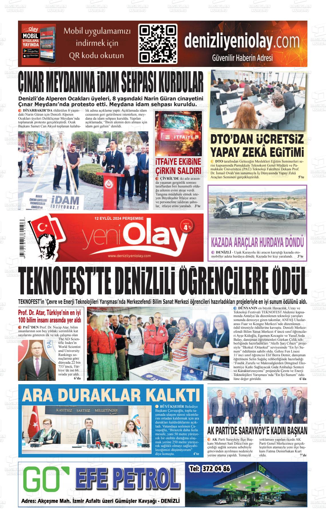 12 Eylül 2024 Denizli Yeni Olay Gazete Manşeti