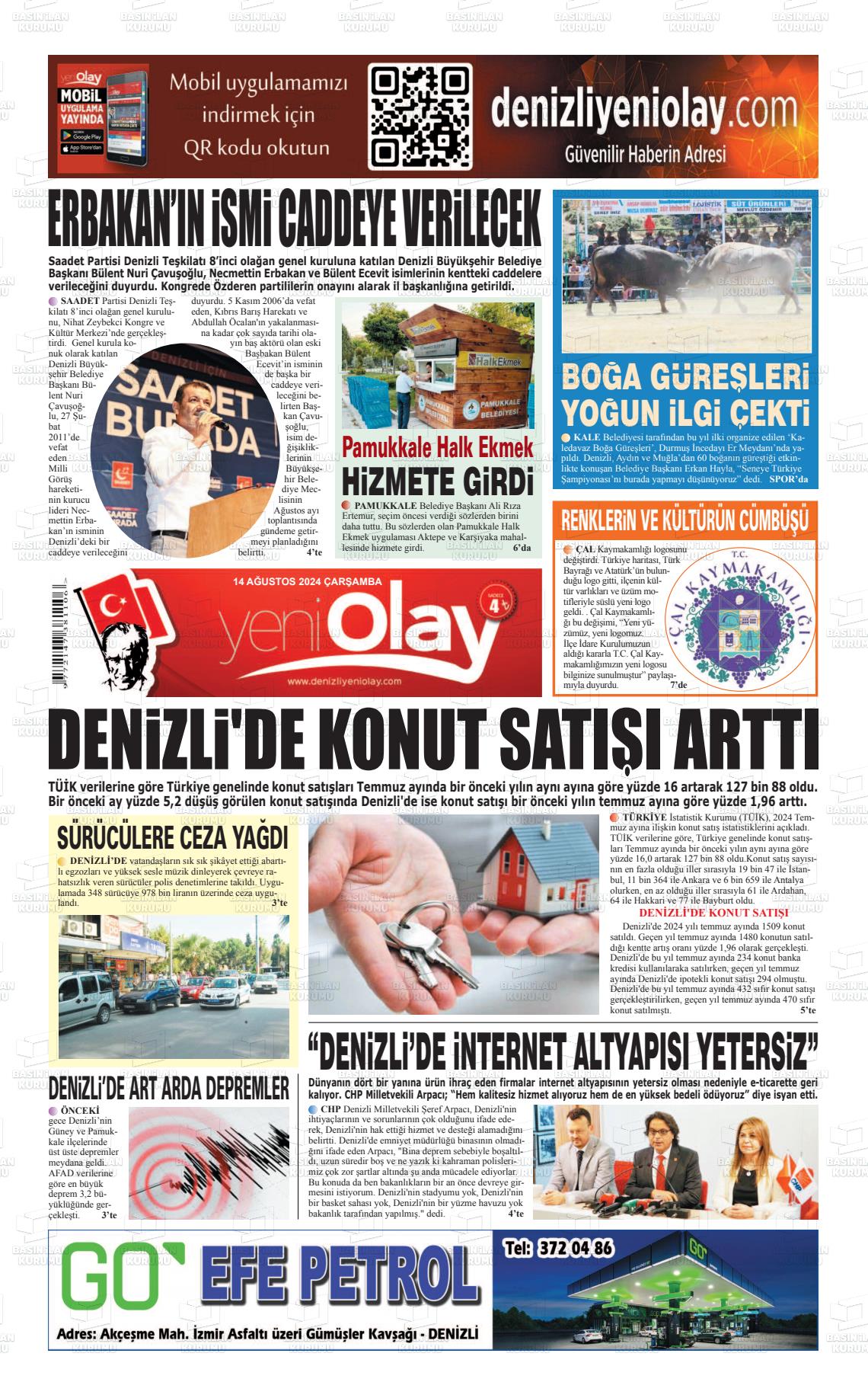 14 Ağustos 2024 Denizli Yeni Olay Gazete Manşeti