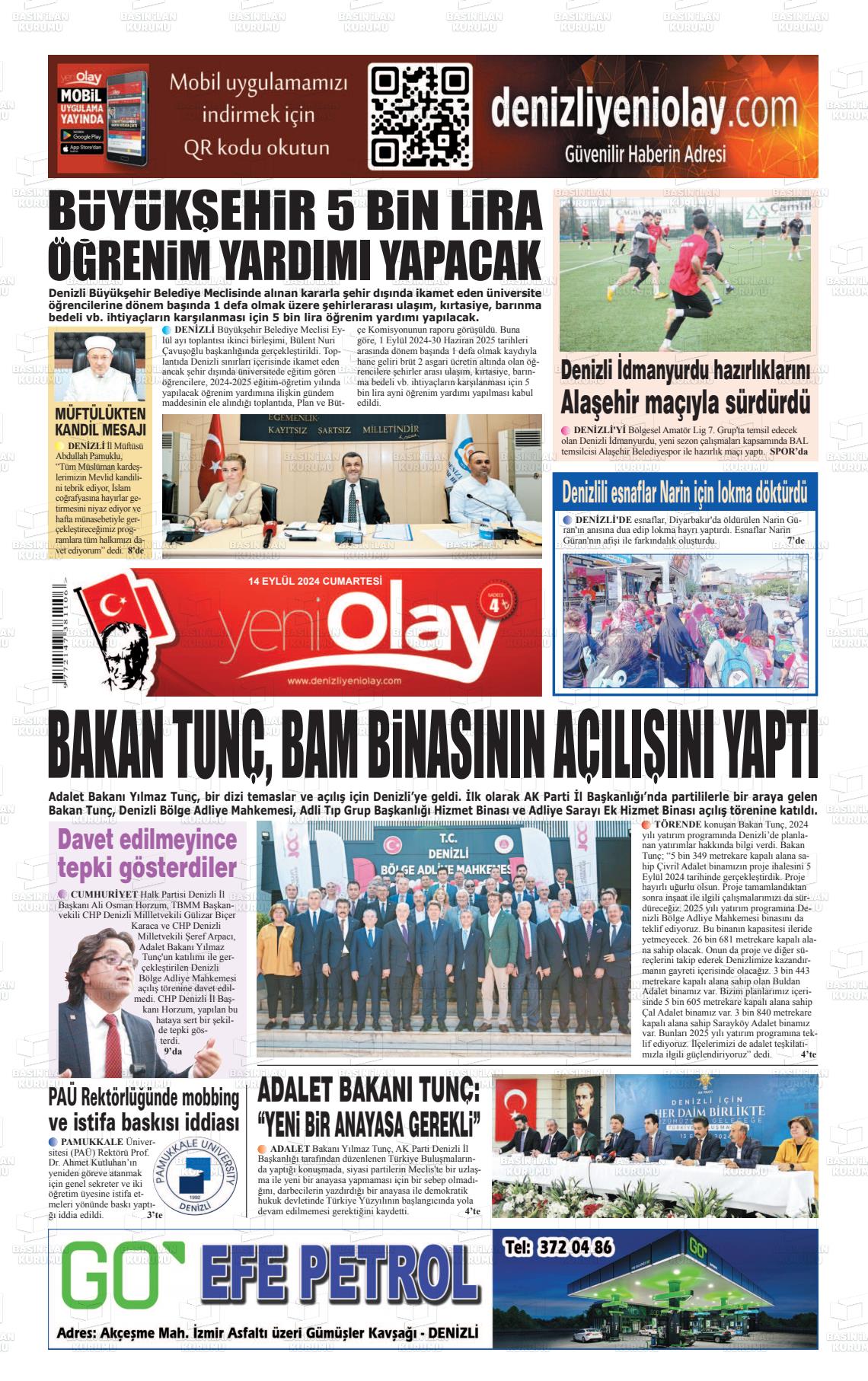 14 Eylül 2024 Denizli Yeni Olay Gazete Manşeti