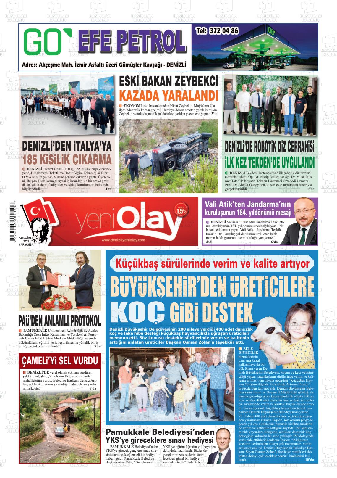 14 Haziran 2023 Denizli Yeni Olay Gazete Manşeti