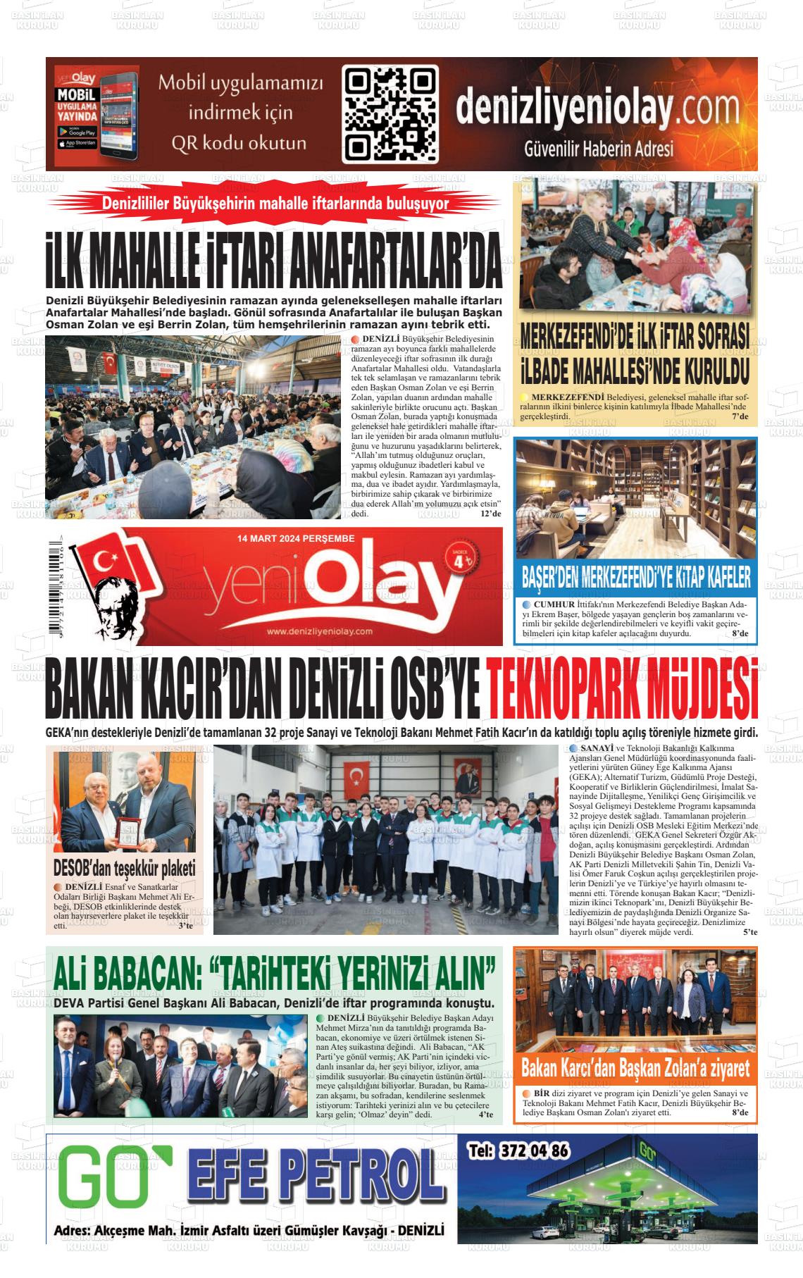 14 Mart 2024 Denizli Yeni Olay Gazete Manşeti