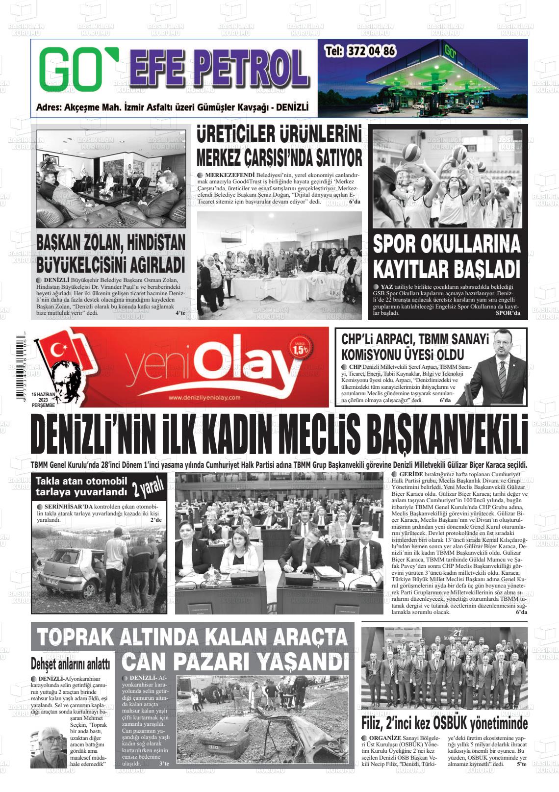 15 Haziran 2023 Denizli Yeni Olay Gazete Manşeti