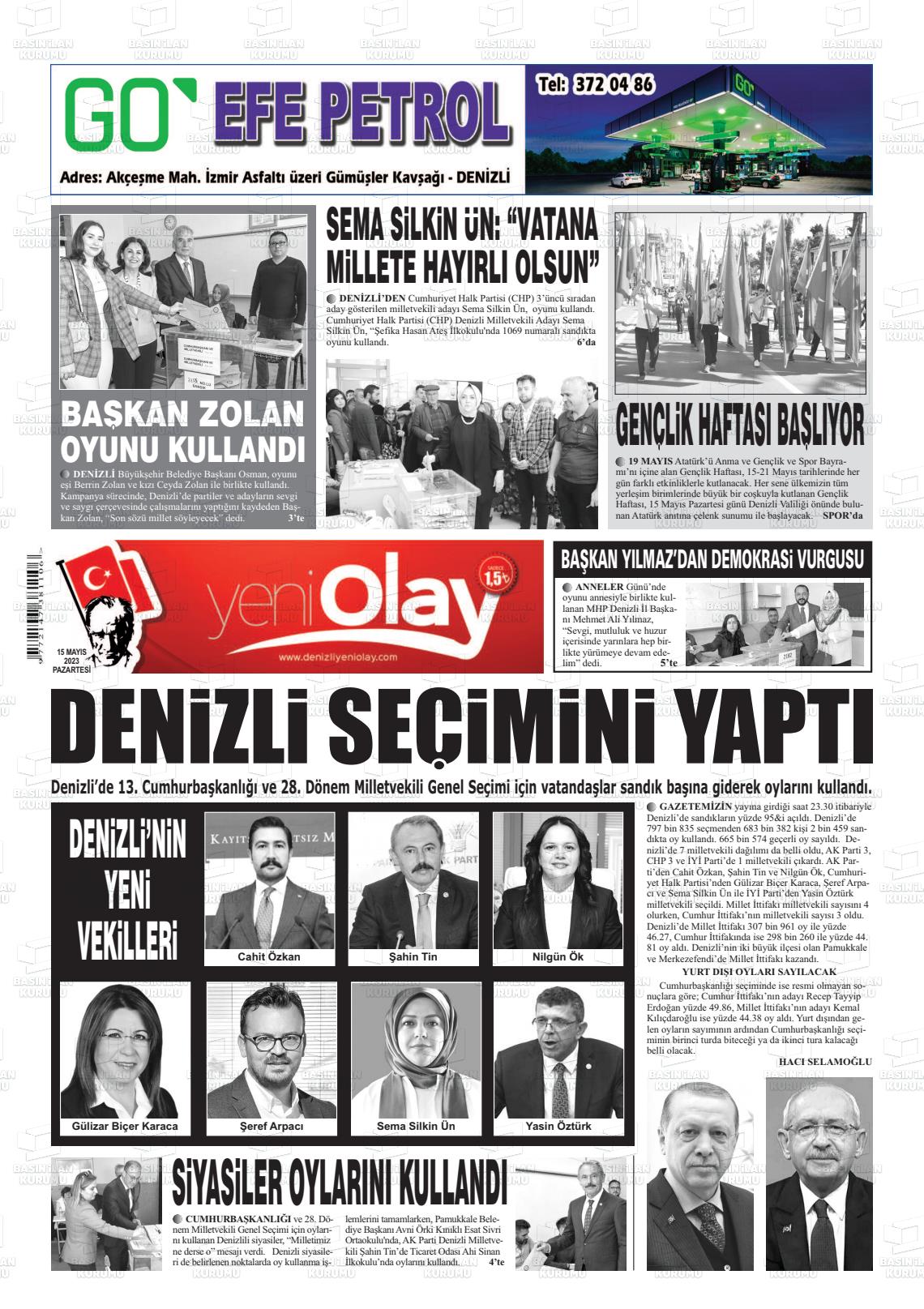 15 Mayıs 2023 Denizli Yeni Olay Gazete Manşeti