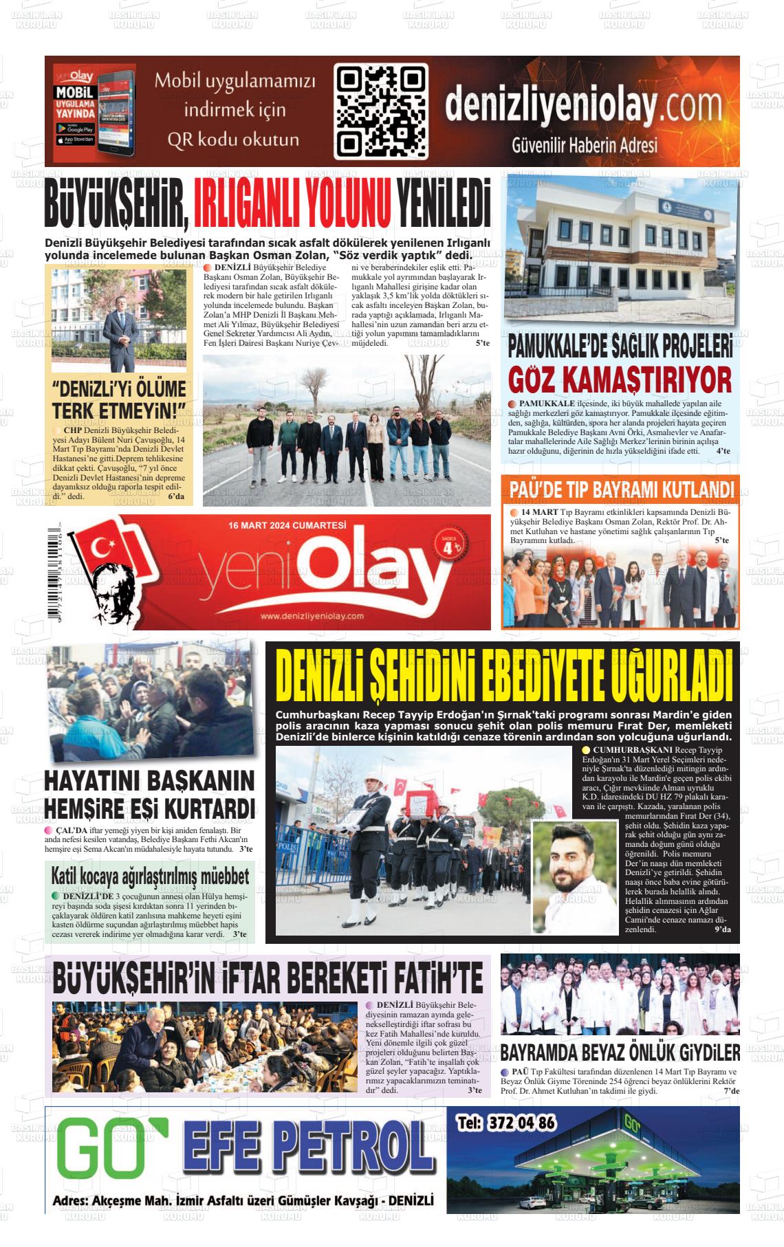 16 Mart 2024 Denizli Yeni Olay Gazete Manşeti