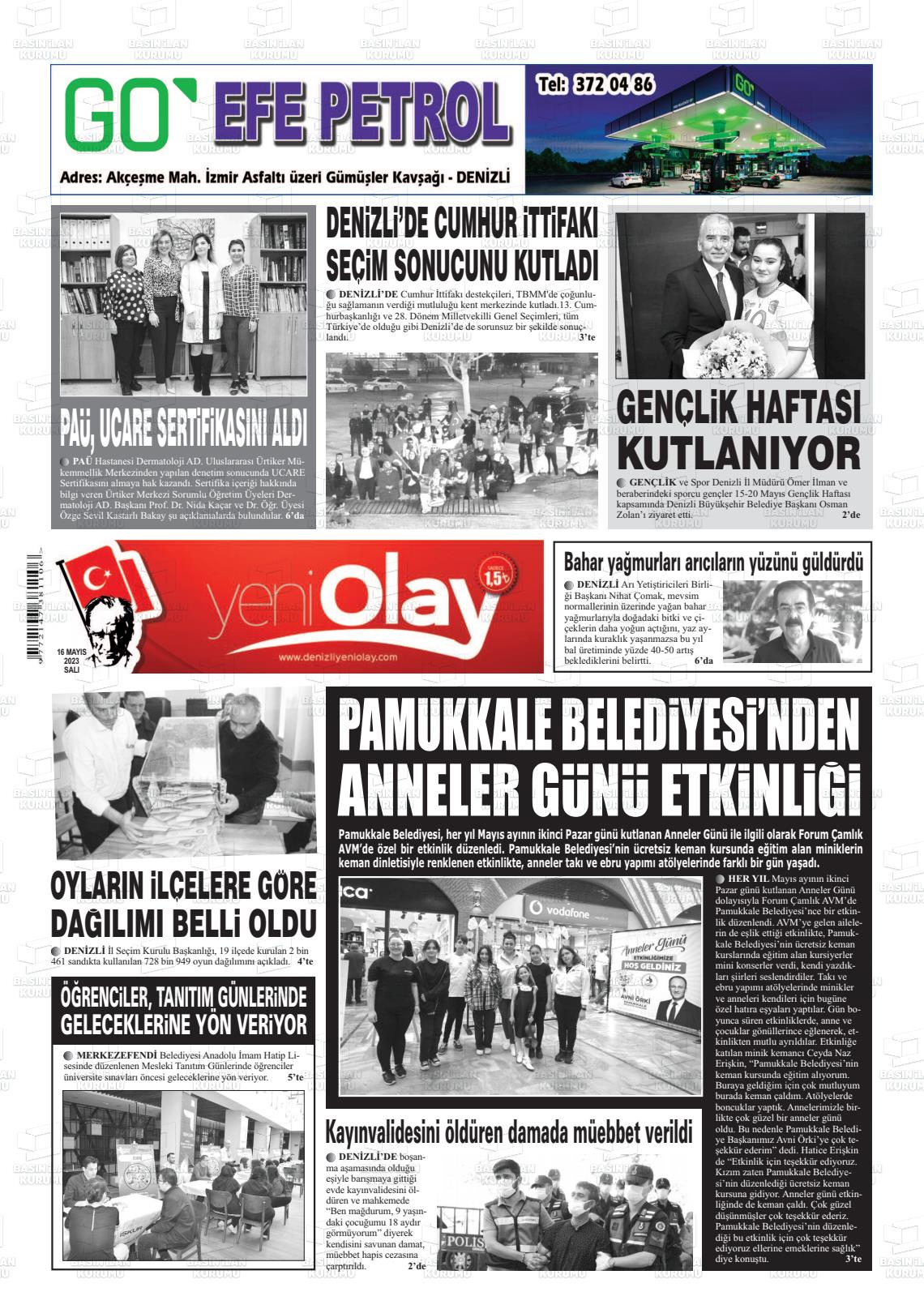 16 Mayıs 2023 Denizli Yeni Olay Gazete Manşeti