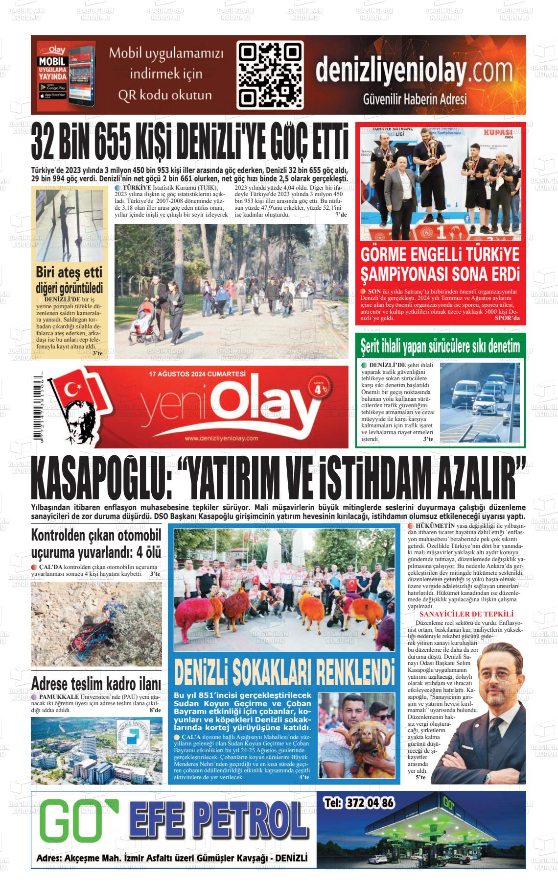 17 Ağustos 2024 Denizli Yeni Olay Gazete Manşeti