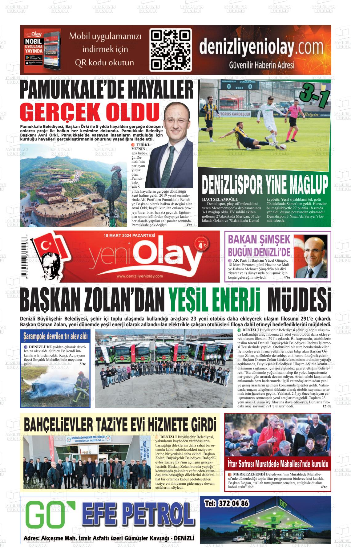 18 Mart 2024 Denizli Yeni Olay Gazete Manşeti