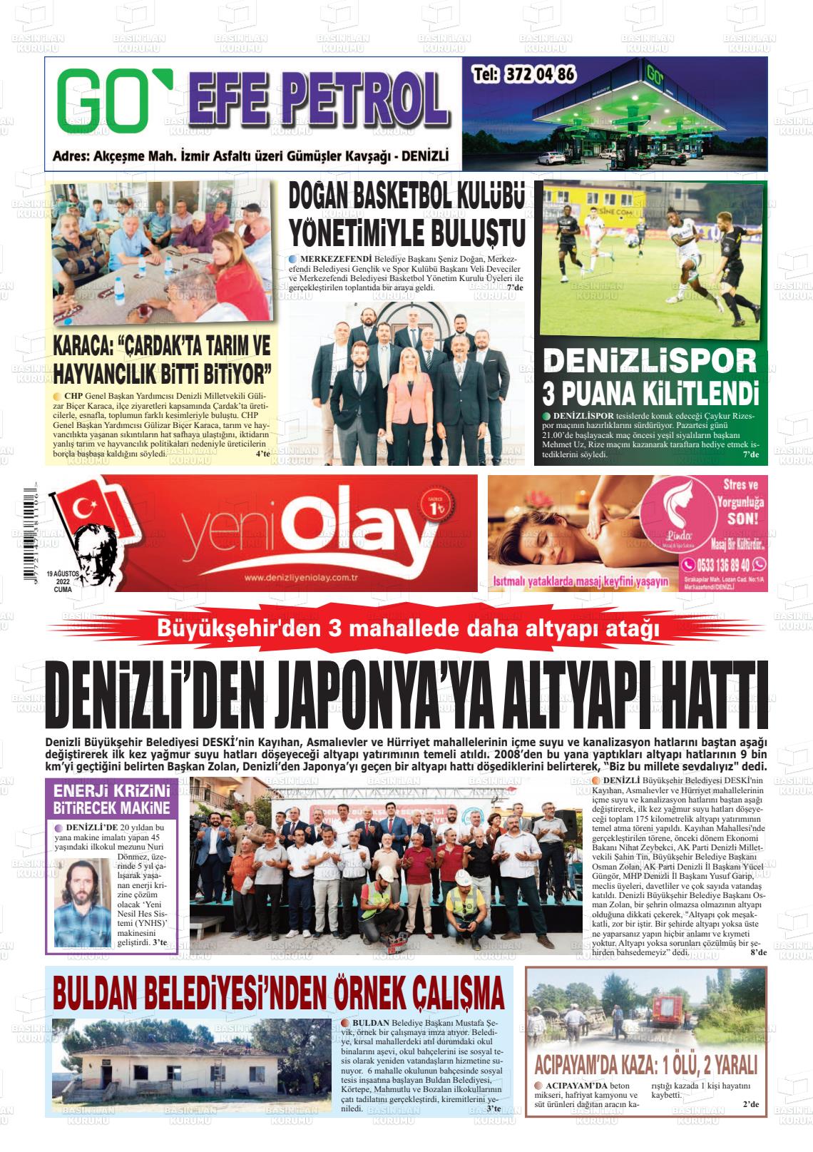 19 Ağustos 2022 Denizli Yeni Olay Gazete Manşeti