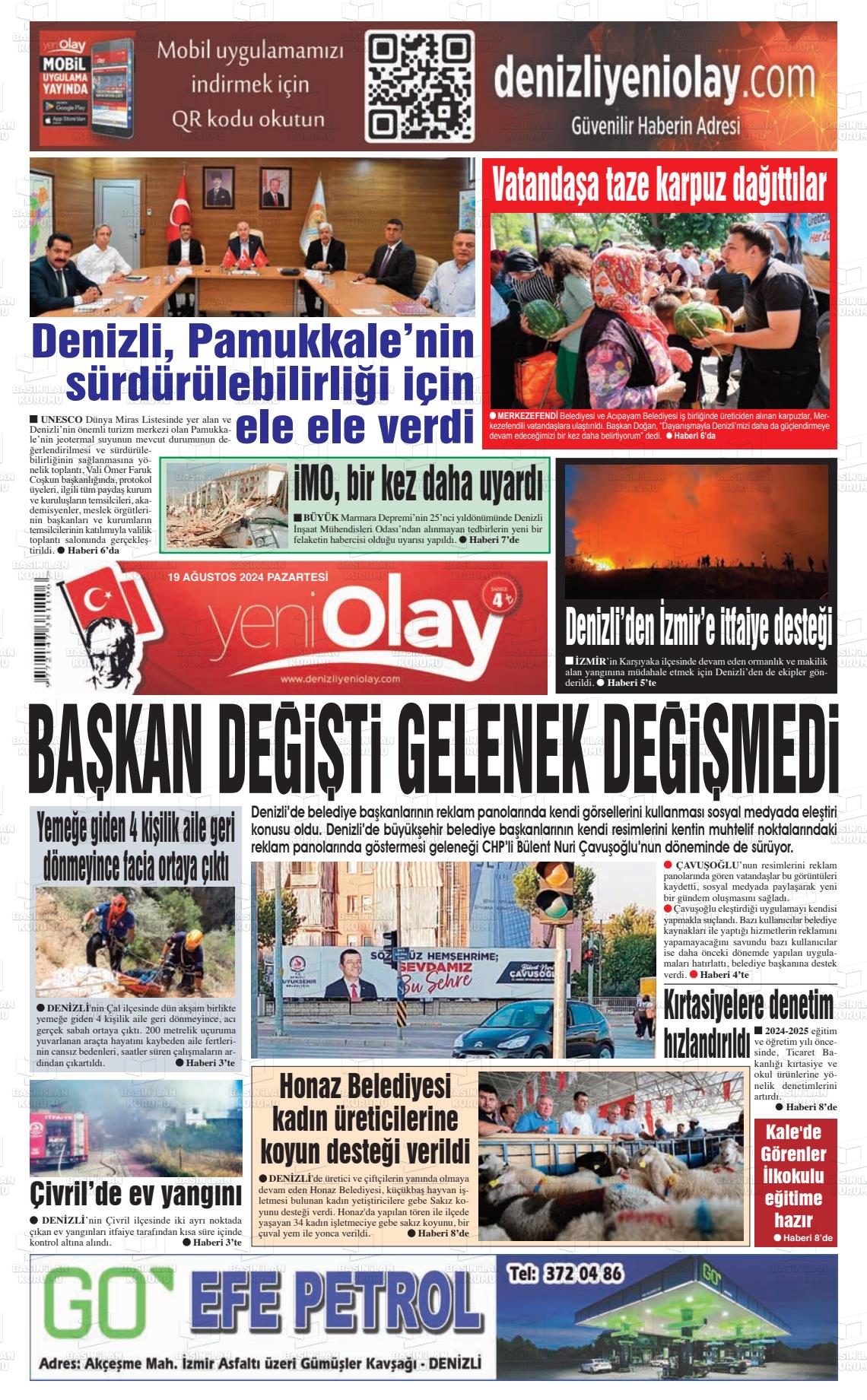 19 Ağustos 2024 Denizli Yeni Olay Gazete Manşeti