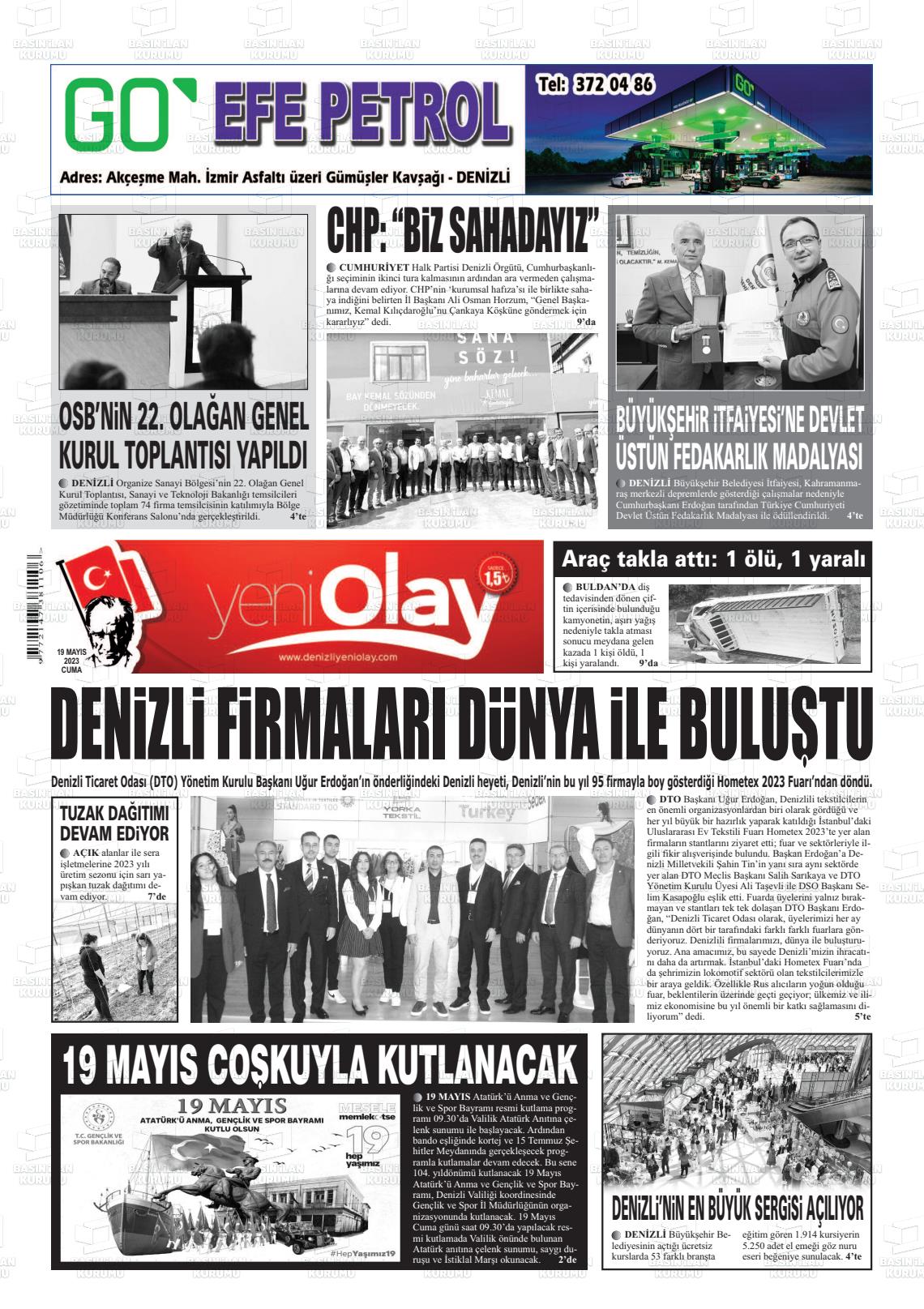 19 Mayıs 2023 Denizli Yeni Olay Gazete Manşeti