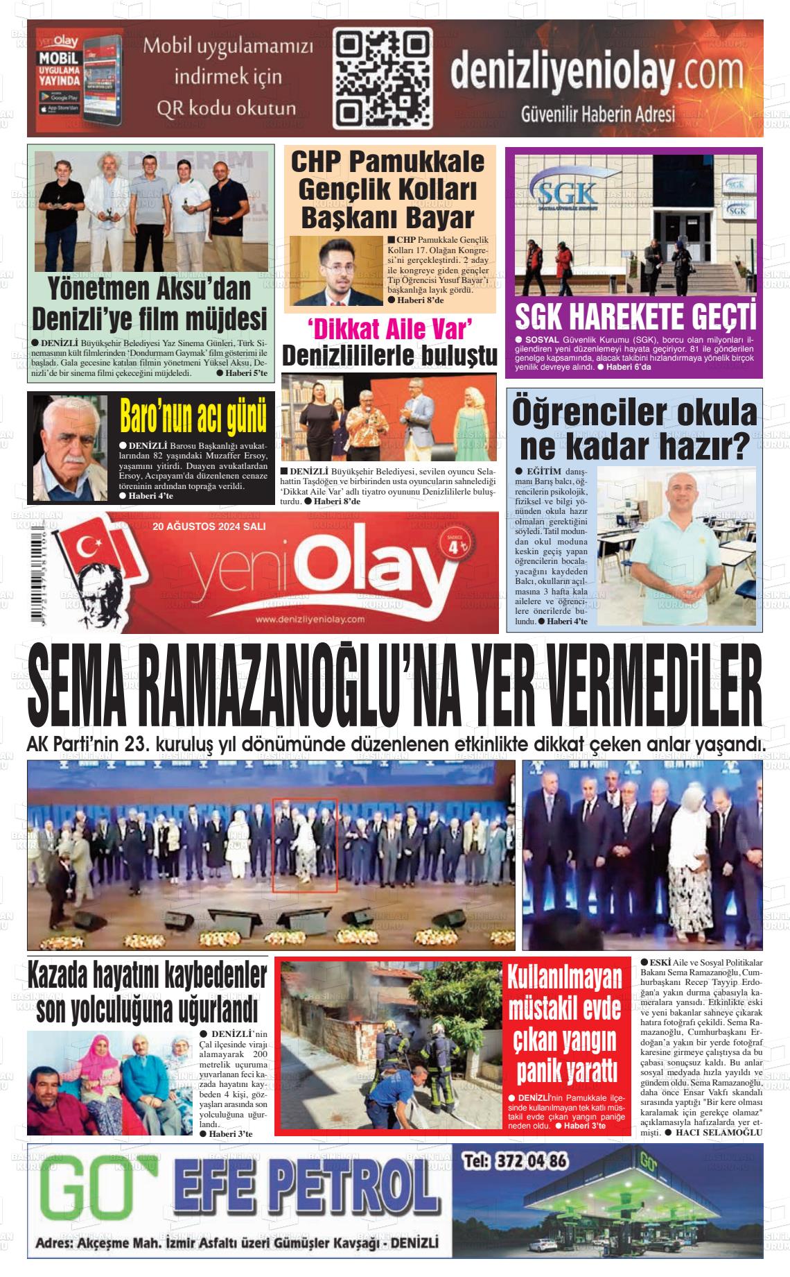 20 Ağustos 2024 Denizli Yeni Olay Gazete Manşeti