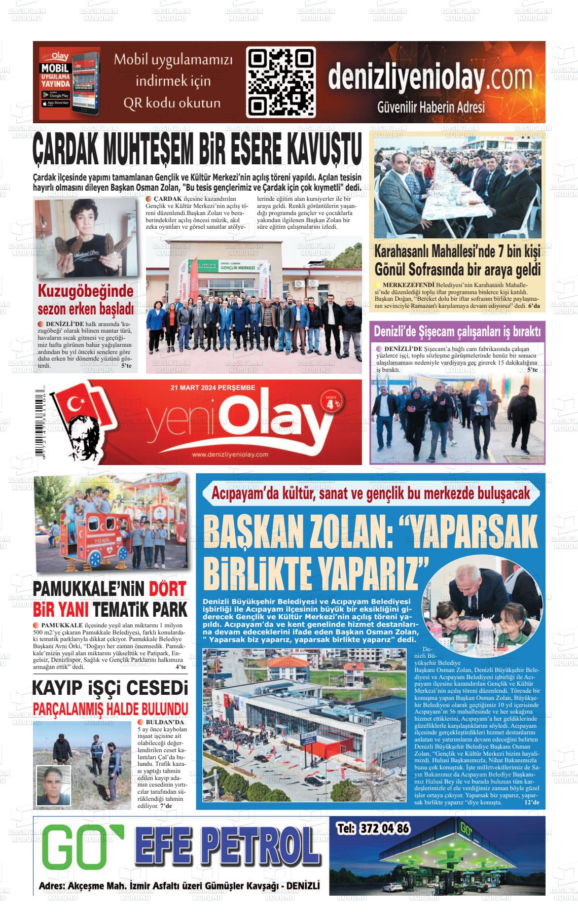 21 Mart 2024 Denizli Yeni Olay Gazete Manşeti