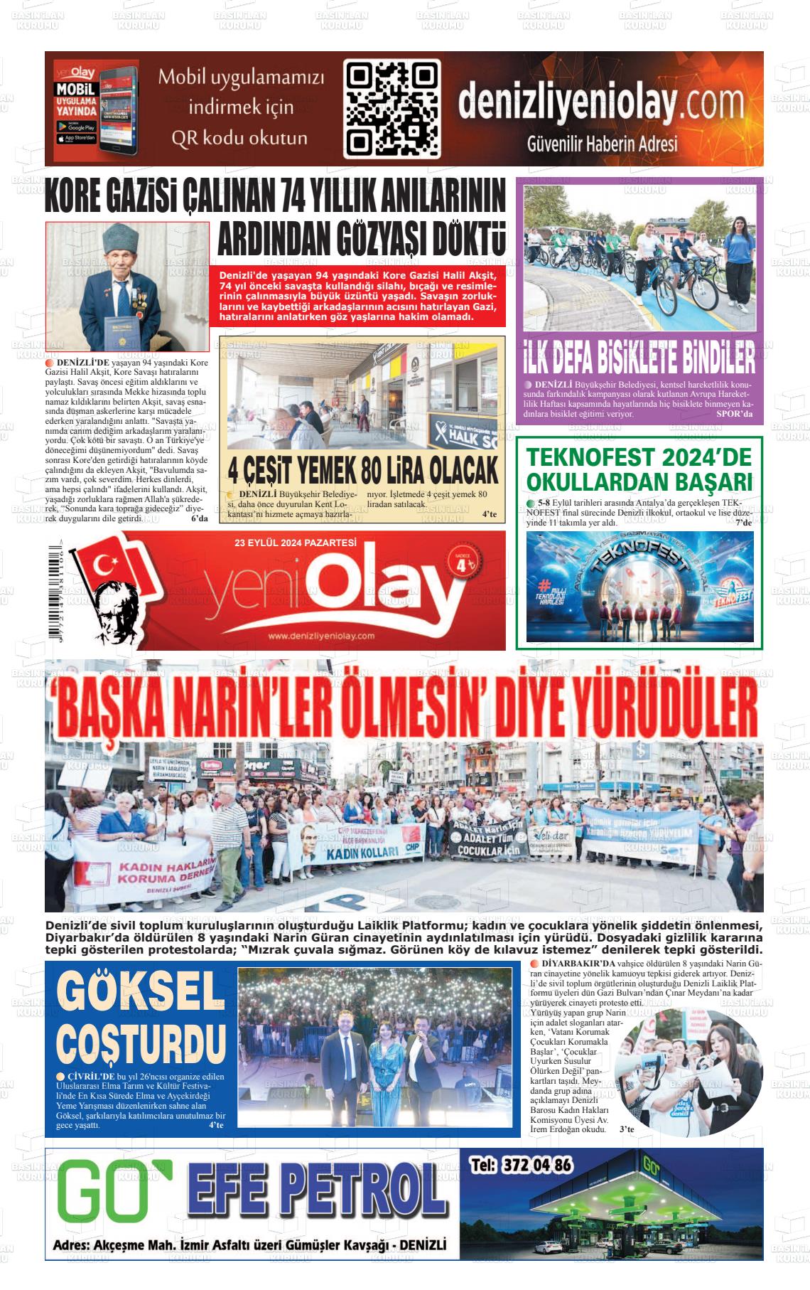 23 Eylül 2024 Denizli Yeni Olay Gazete Manşeti