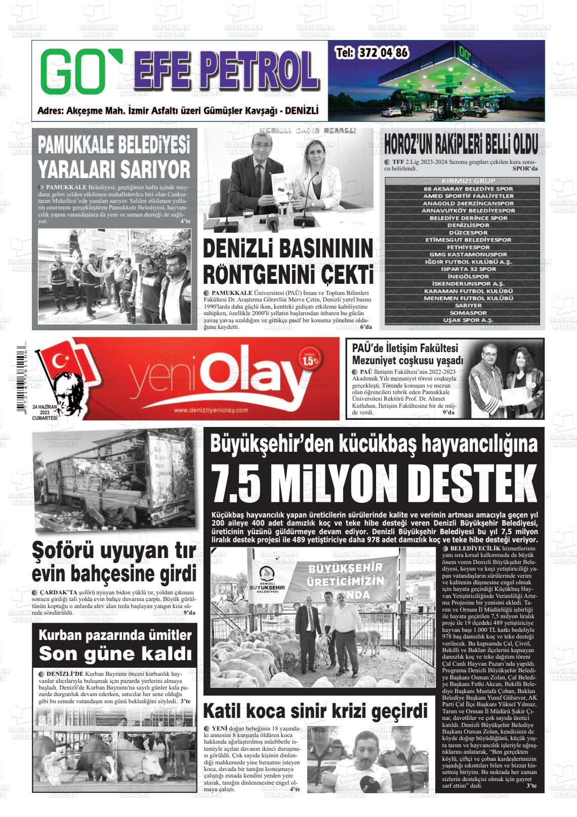 24 Haziran 2023 Denizli Yeni Olay Gazete Manşeti