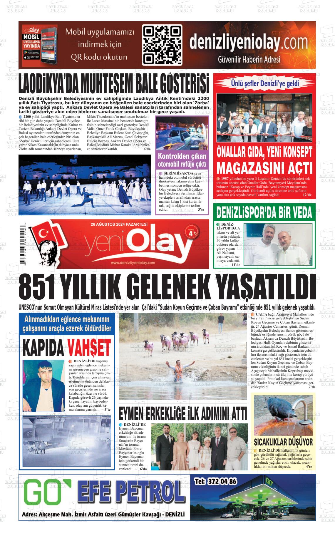 26 Ağustos 2024 Denizli Yeni Olay Gazete Manşeti