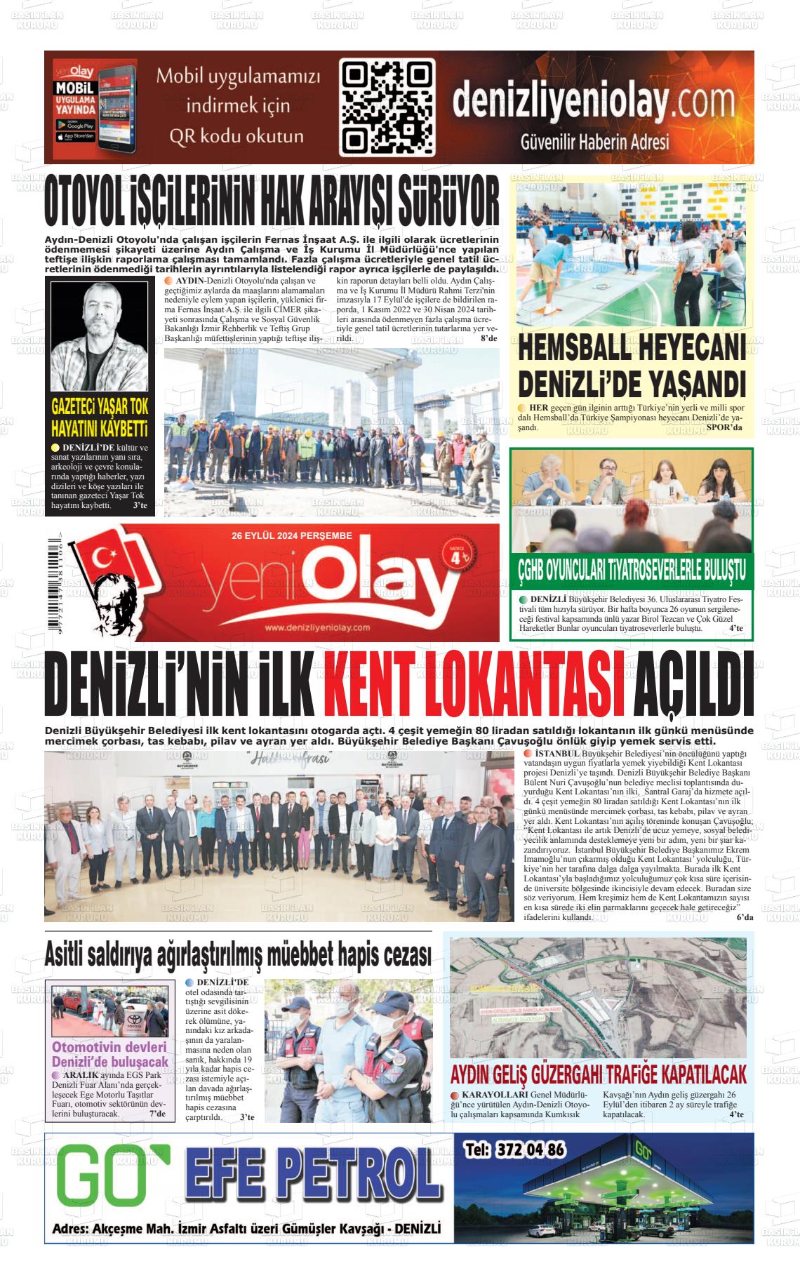 26 Eylül 2024 Denizli Yeni Olay Gazete Manşeti