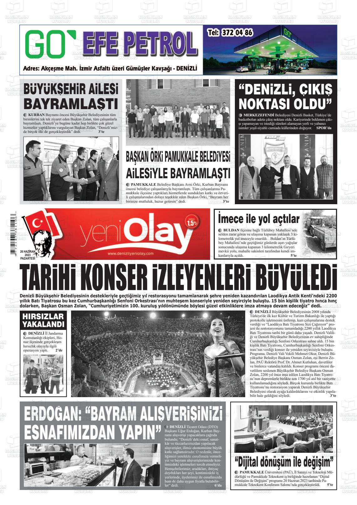 26 Haziran 2023 Denizli Yeni Olay Gazete Manşeti