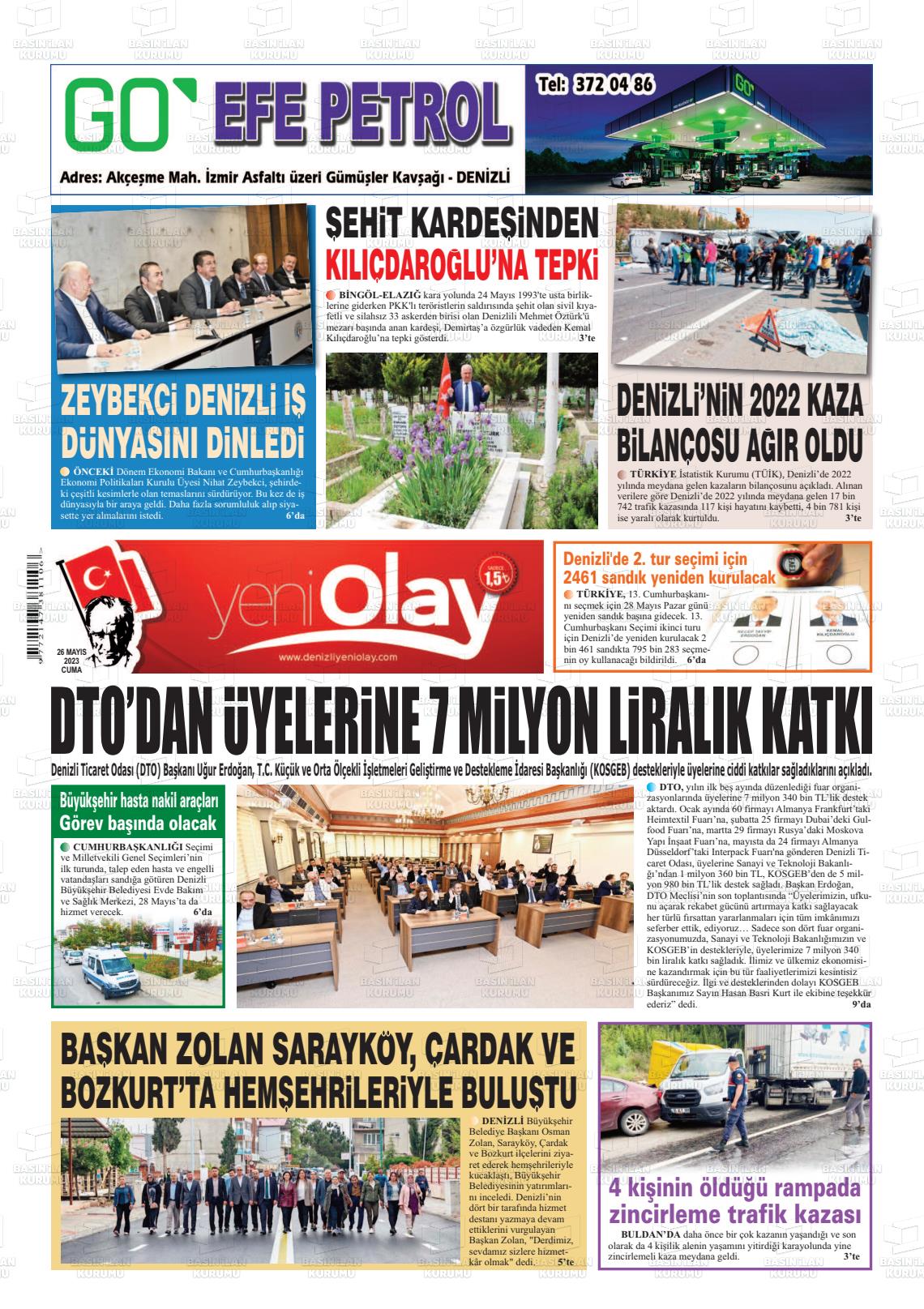 26 Mayıs 2023 Denizli Yeni Olay Gazete Manşeti