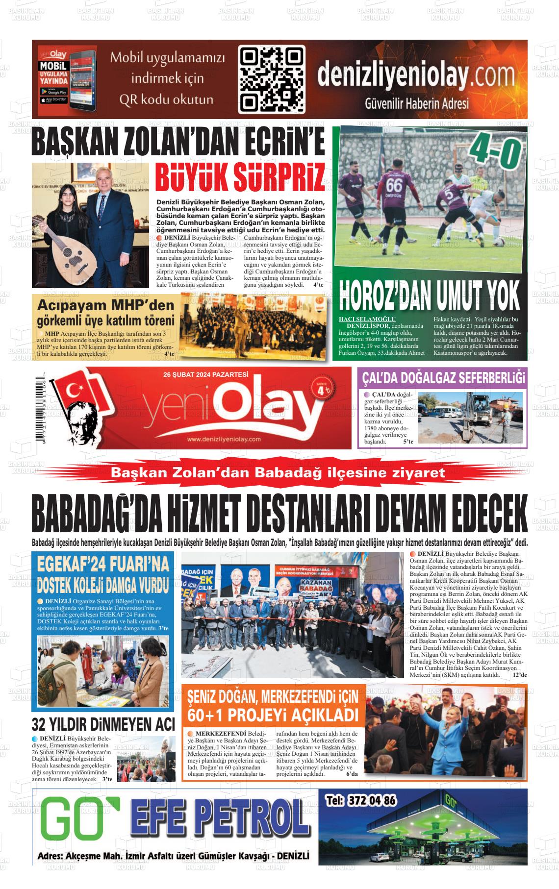 26 Şubat 2024 Denizli Yeni Olay Gazete Manşeti