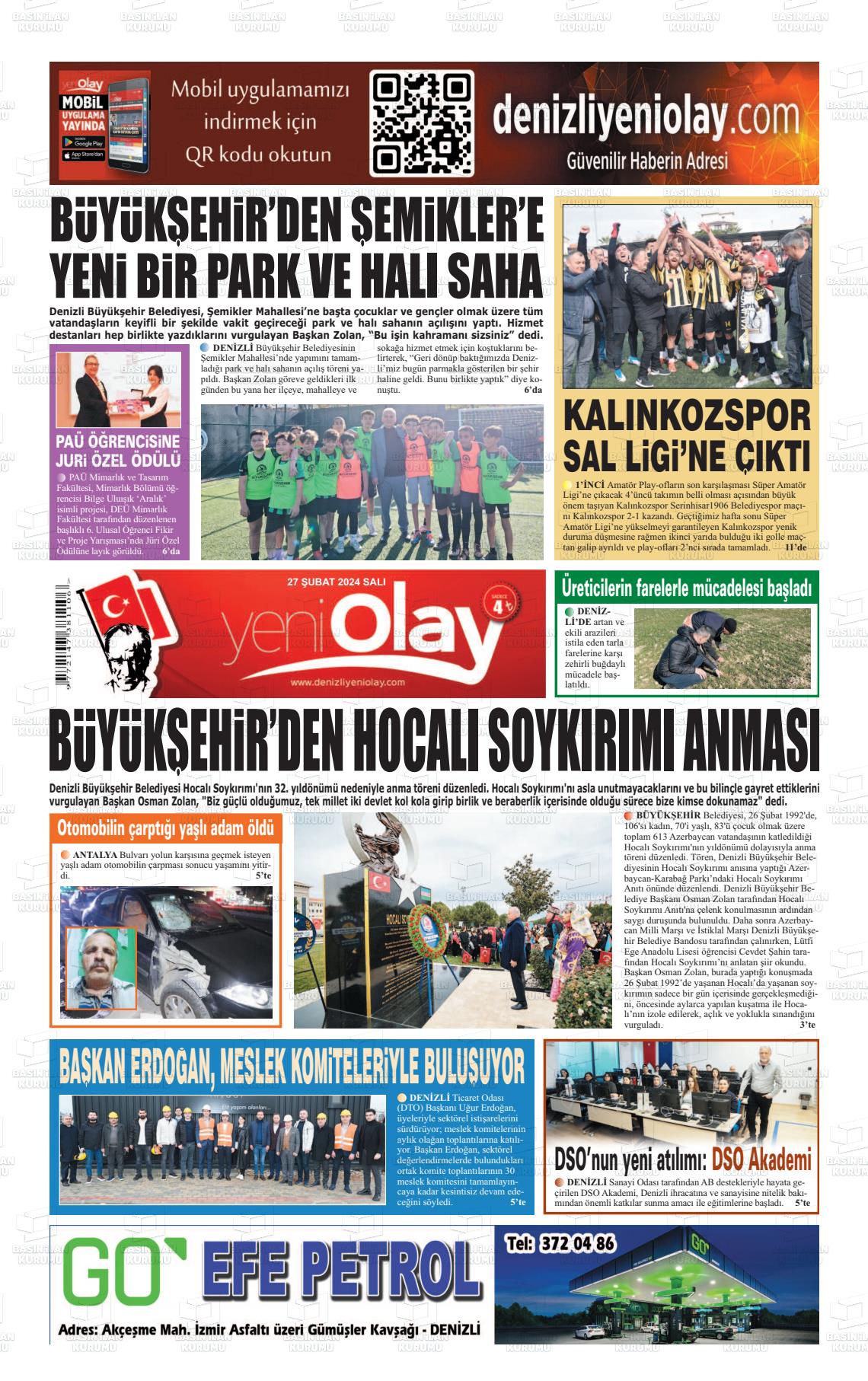 27 Şubat 2024 Denizli Yeni Olay Gazete Manşeti