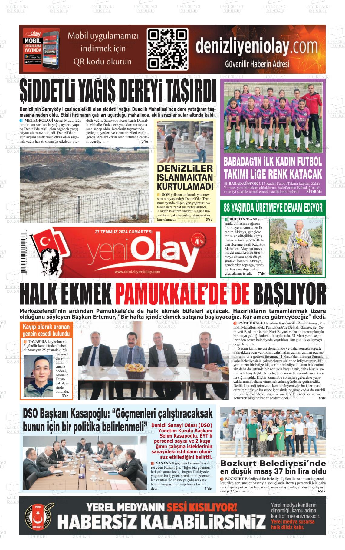 27 Temmuz 2024 Denizli Yeni Olay Gazete Manşeti