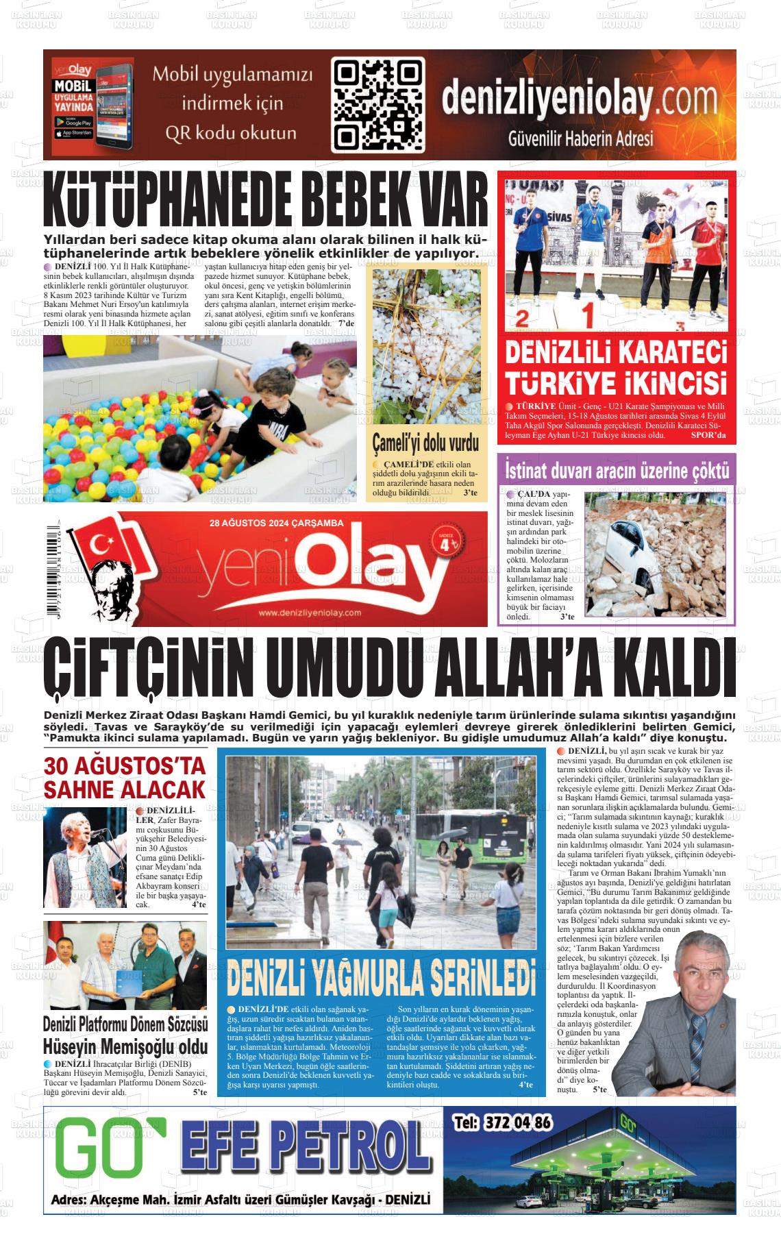 28 Ağustos 2024 Denizli Yeni Olay Gazete Manşeti