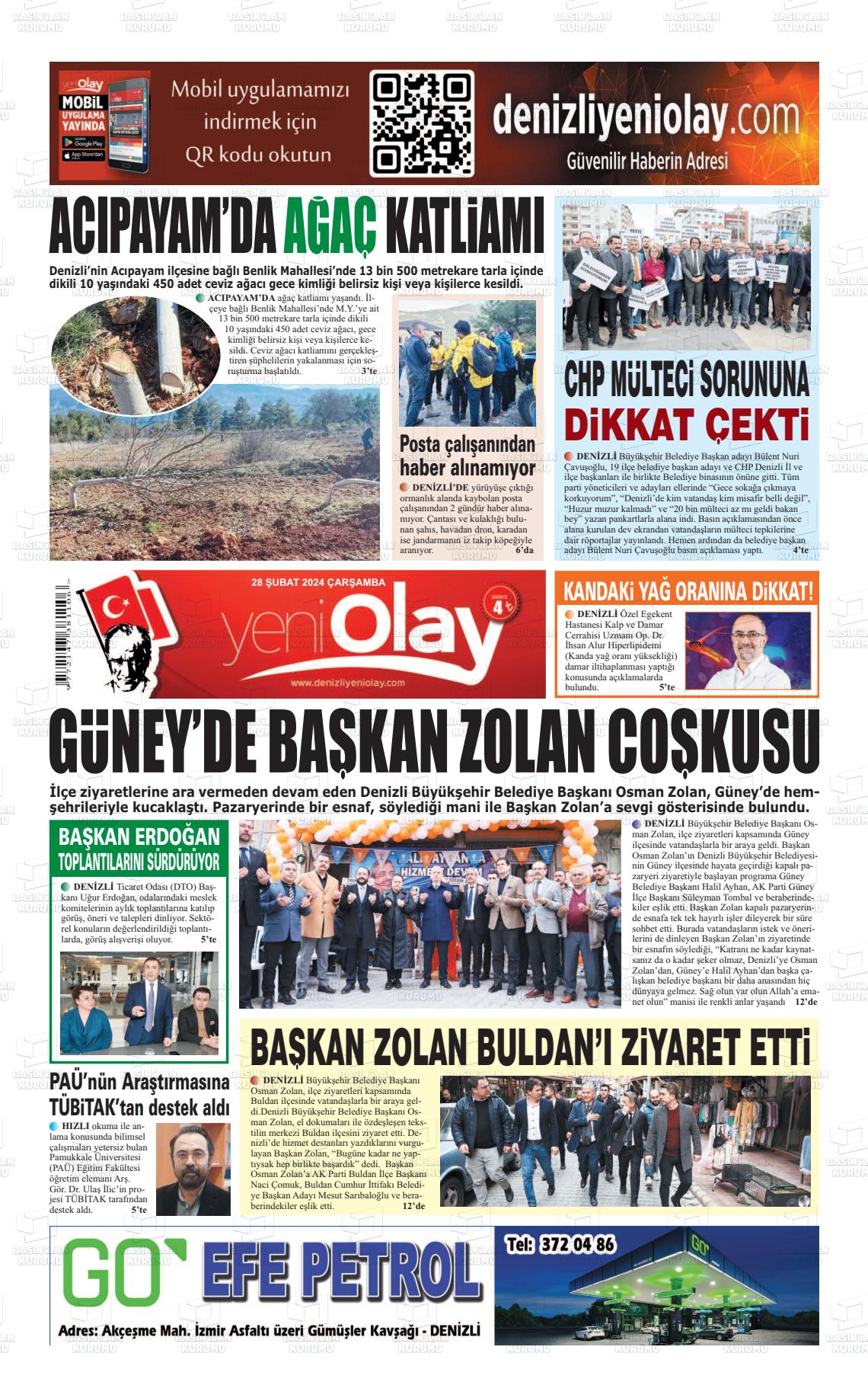 28 Şubat 2024 Denizli Yeni Olay Gazete Manşeti