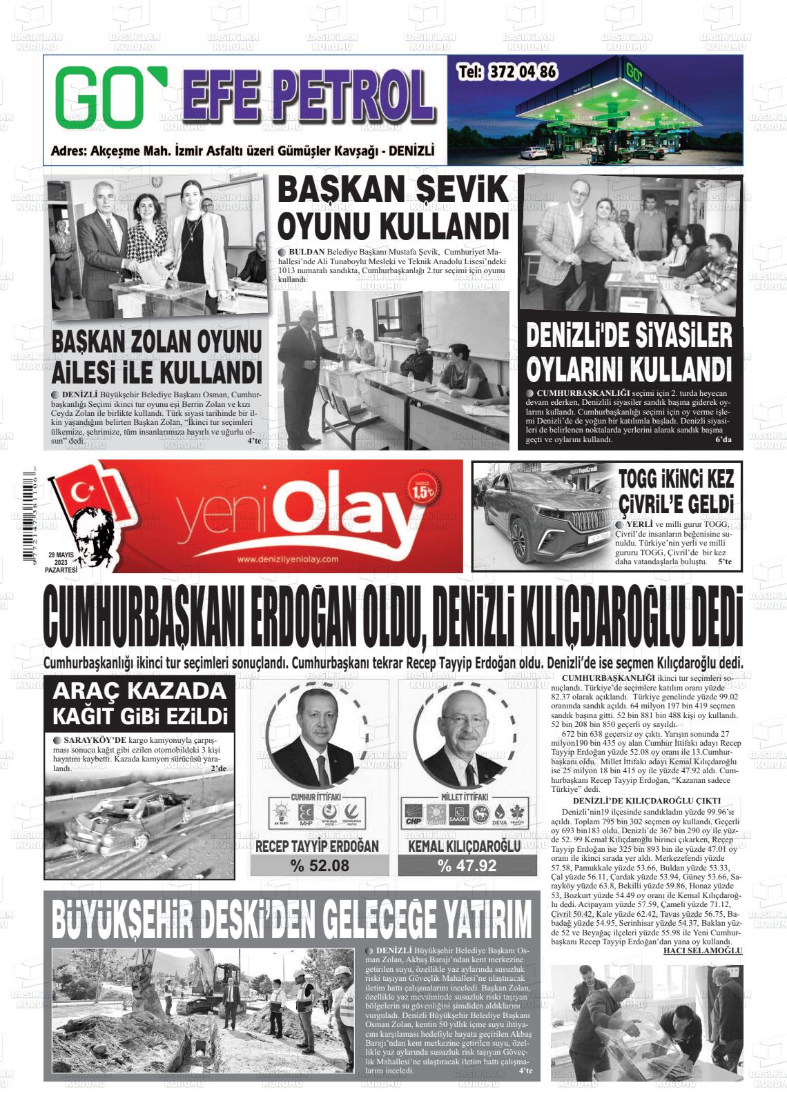 29 Mayıs 2023 Denizli Yeni Olay Gazete Manşeti