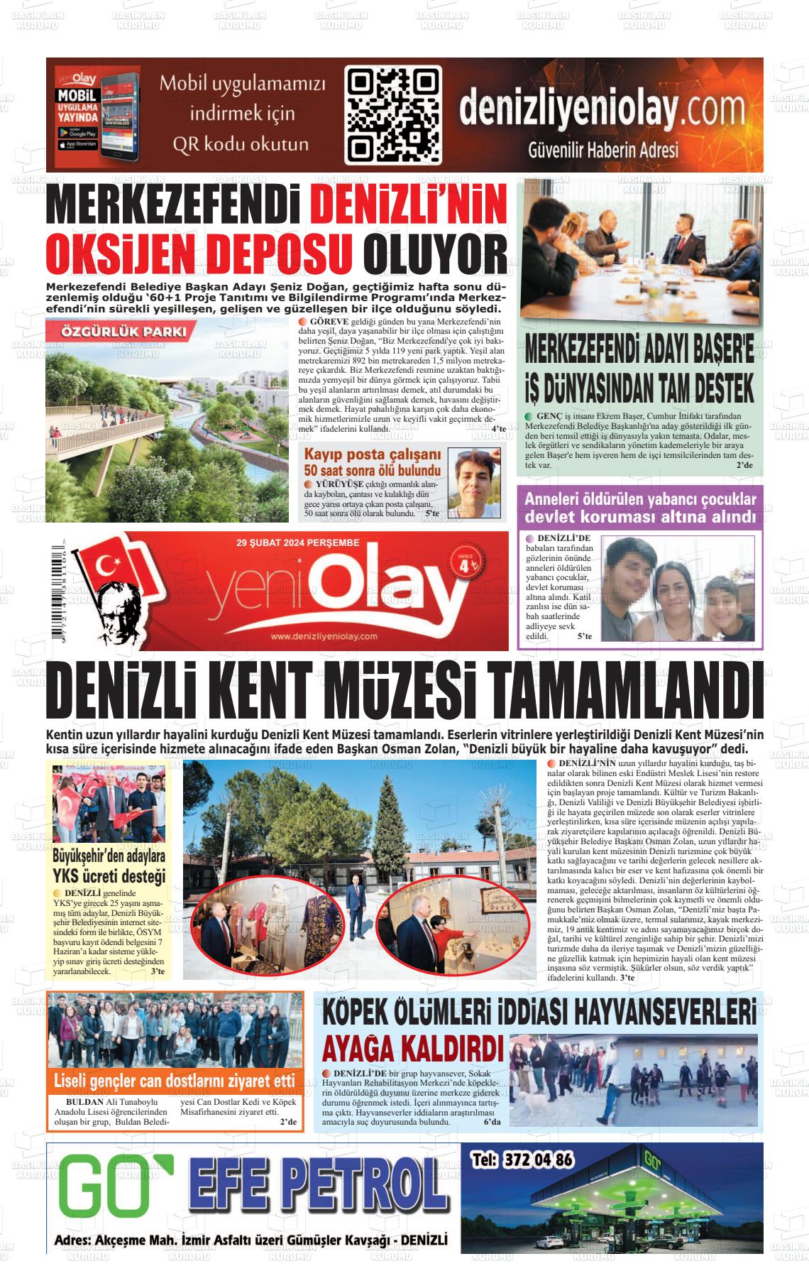 29 Şubat 2024 Denizli Yeni Olay Gazete Manşeti