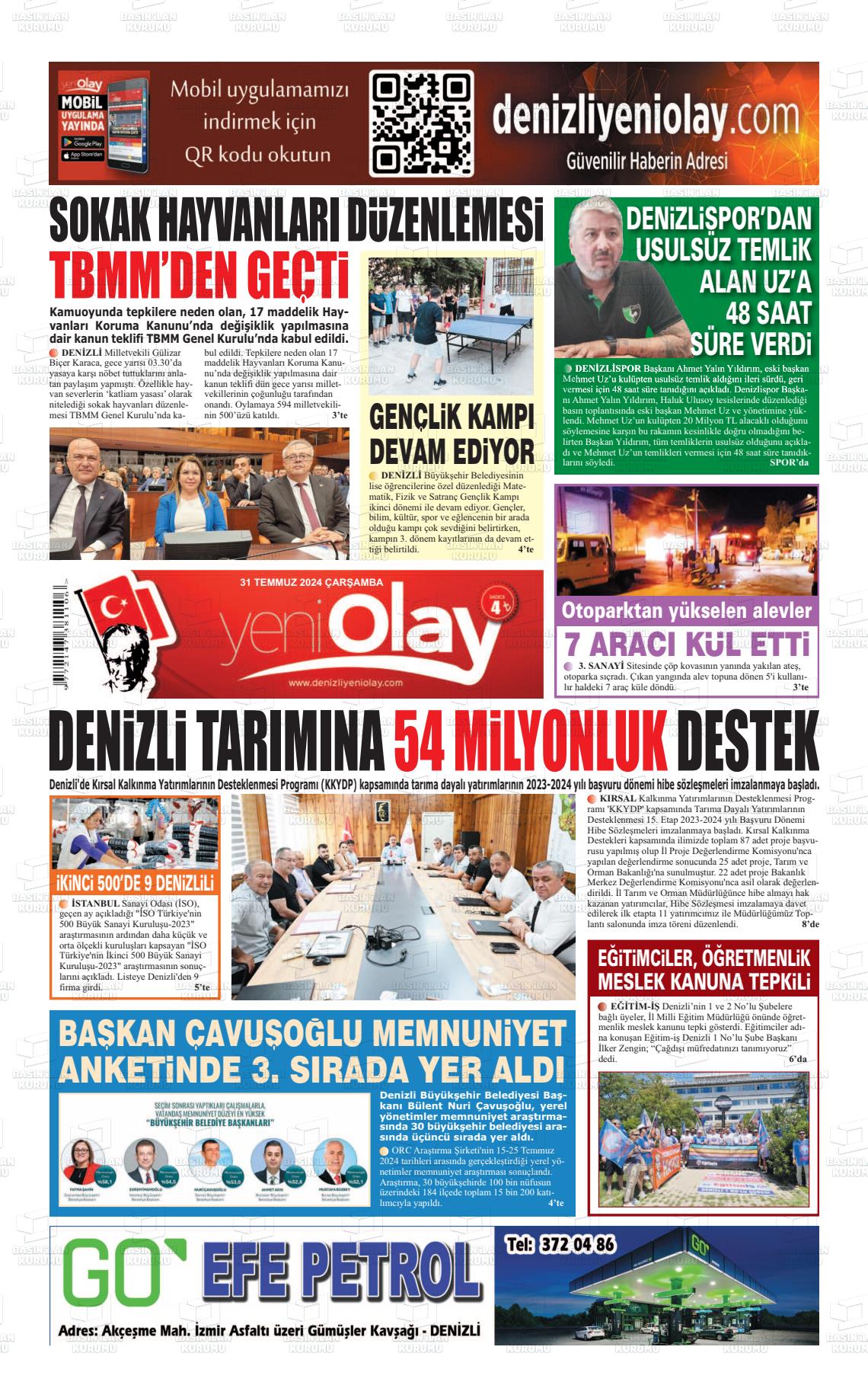 31 Temmuz 2024 Denizli Yeni Olay Gazete Manşeti