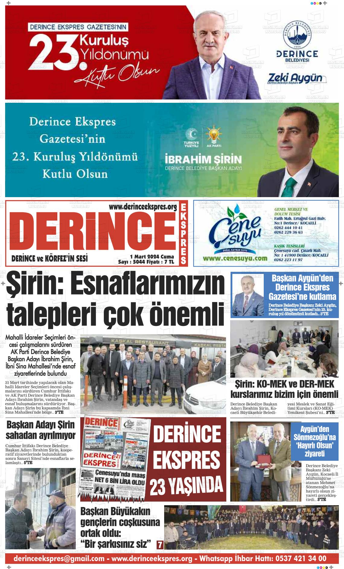 01 Mart 2024 Derince Ekspres Gazete Manşeti