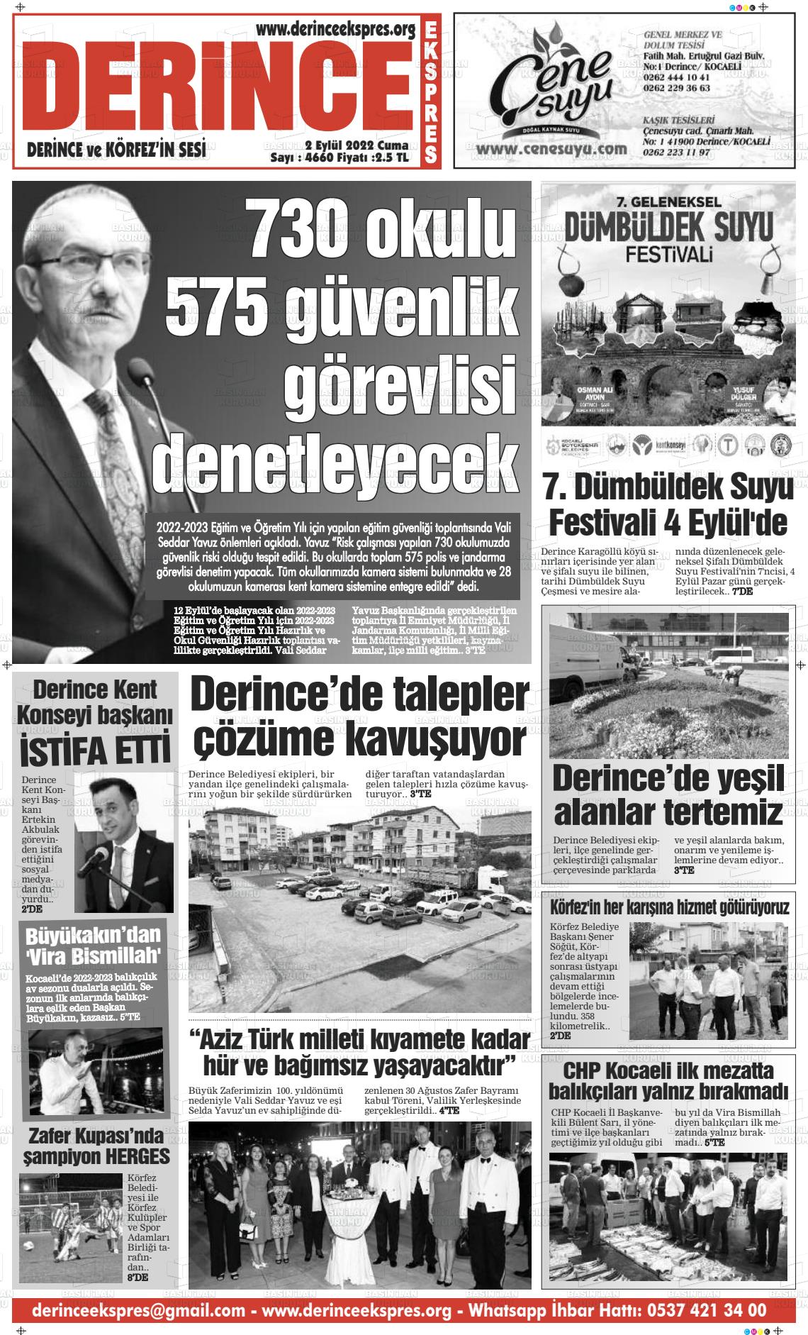 02 Eylül 2022 Derince Ekspres Gazete Manşeti