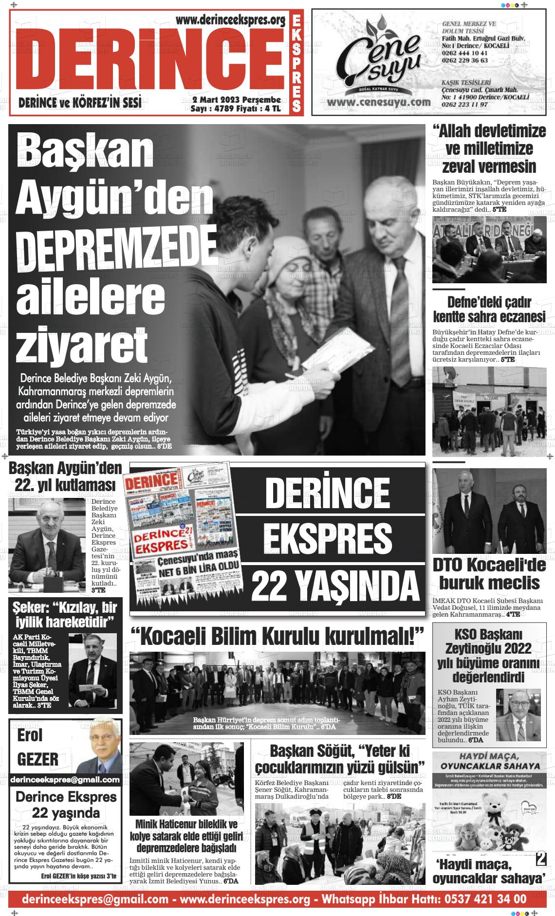 02 Mart 2023 Derince Ekspres Gazete Manşeti