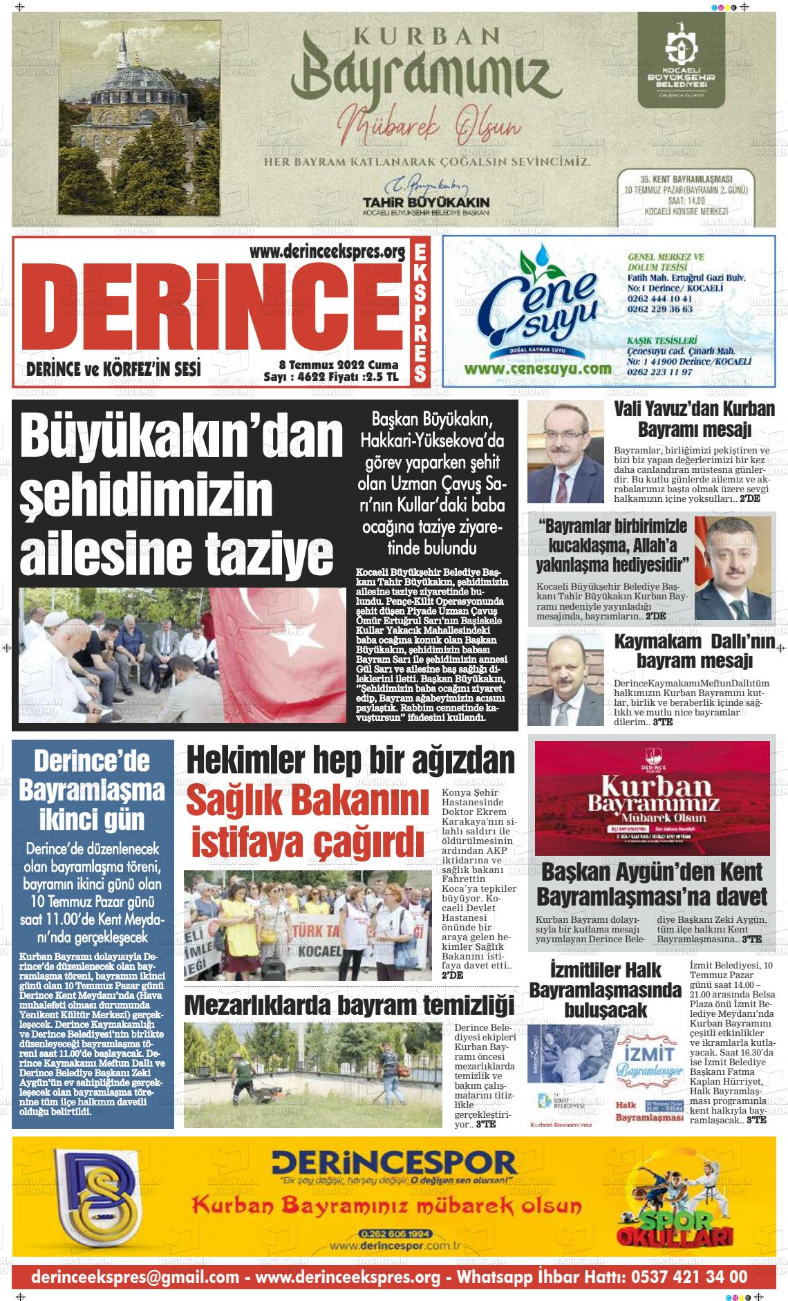 08 Temmuz 2022 Derince Ekspres Gazete Manşeti