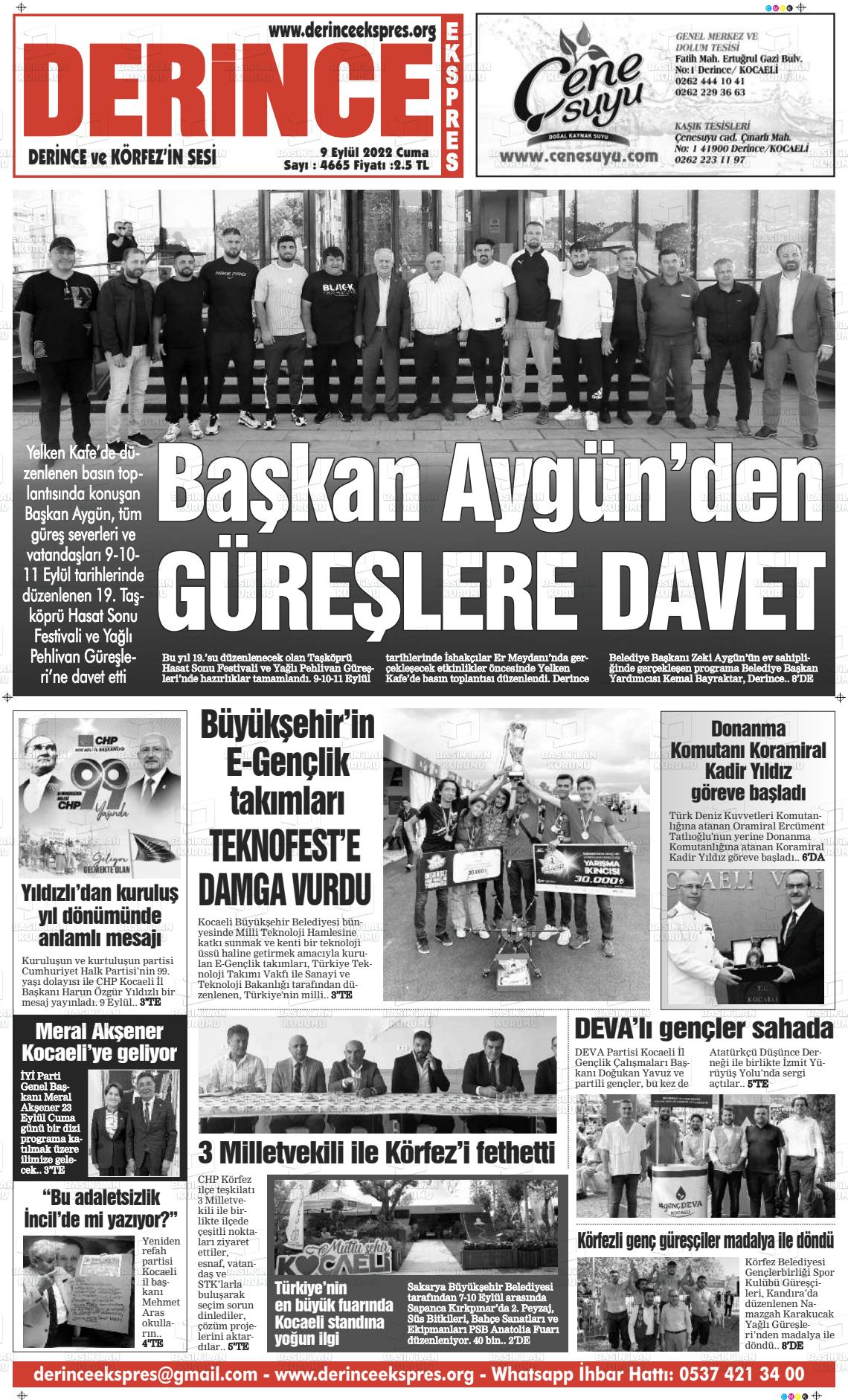 09 Eylül 2022 Derince Ekspres Gazete Manşeti