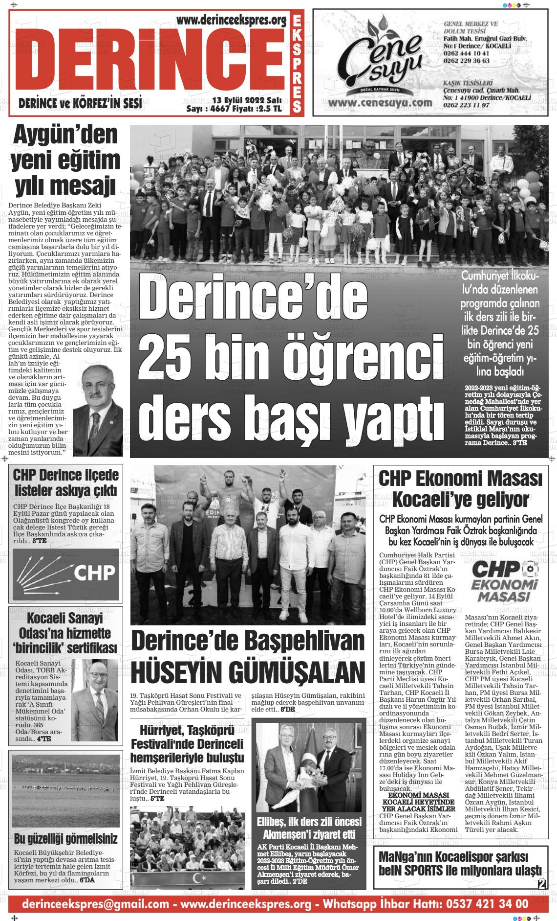 13 Eylül 2022 Derince Ekspres Gazete Manşeti