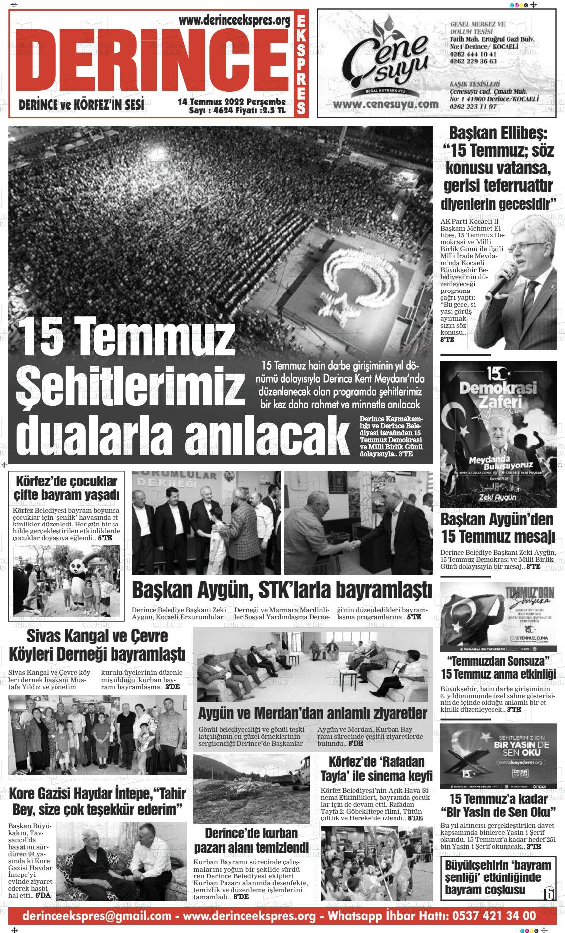 14 Temmuz 2022 Derince Ekspres Gazete Manşeti