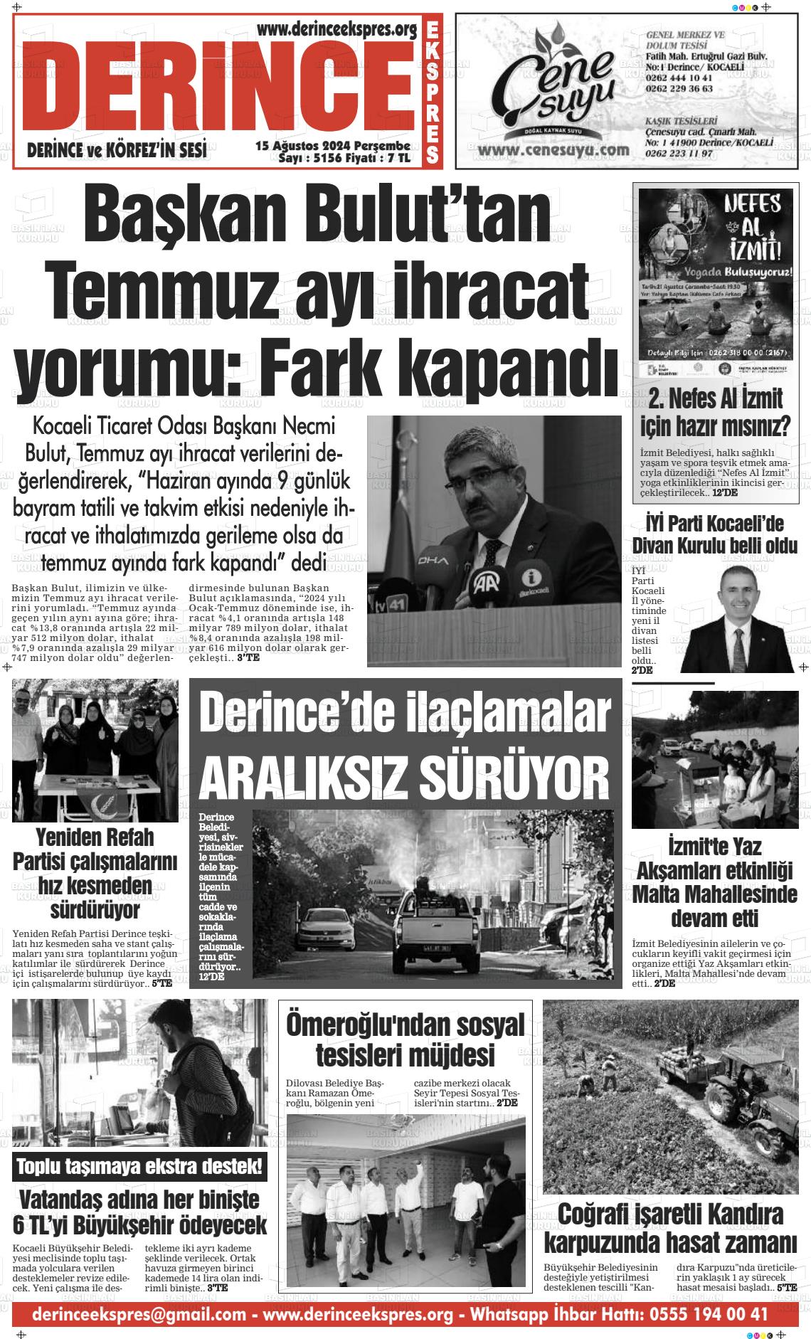 15 Ağustos 2024 Derince Ekspres Gazete Manşeti