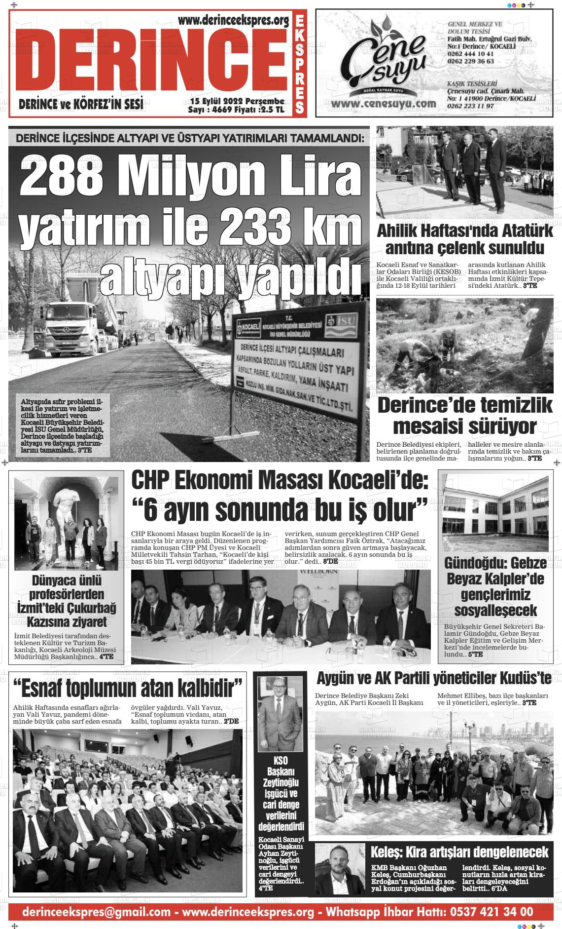 15 Eylül 2022 Derince Ekspres Gazete Manşeti