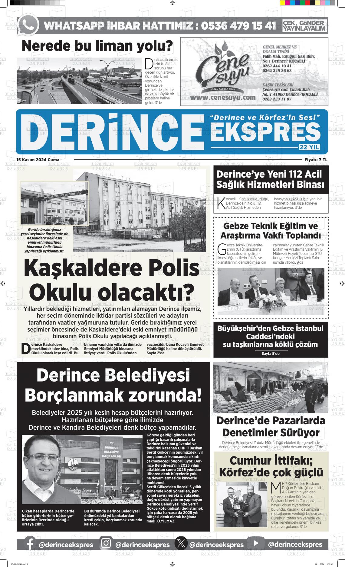 15 Kasım 2024 Derince Ekspres Gazete Manşeti