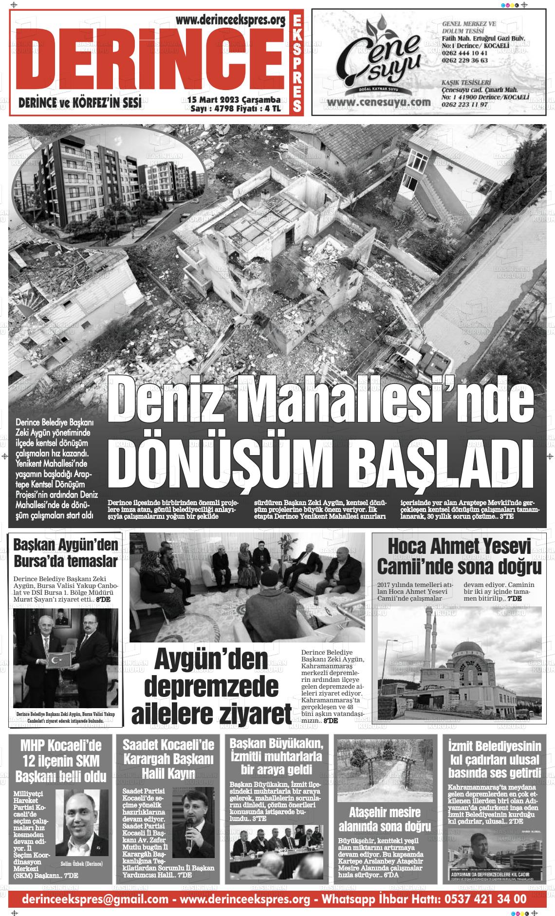 15 Mart 2023 Derince Ekspres Gazete Manşeti