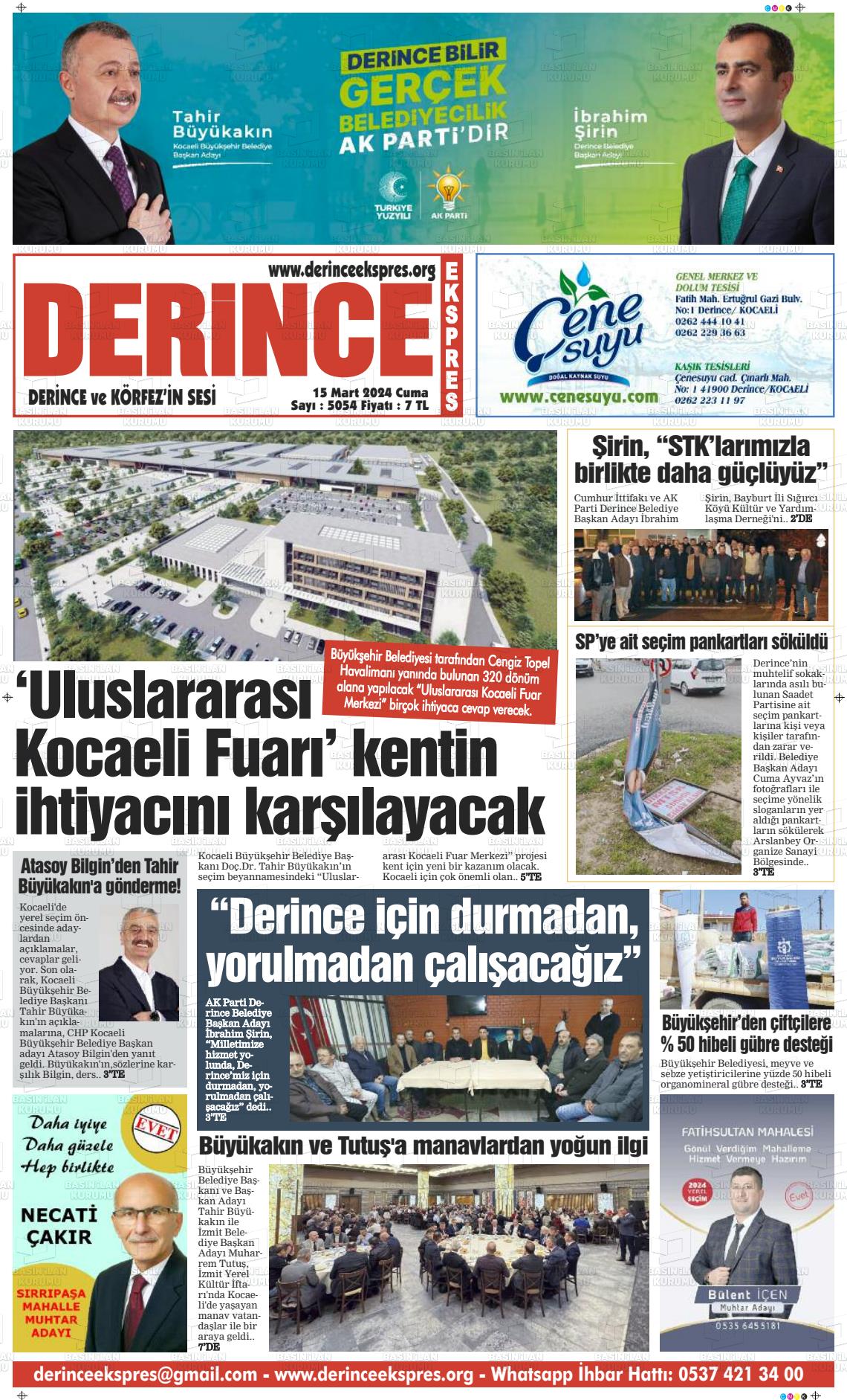 15 Mart 2024 Derince Ekspres Gazete Manşeti