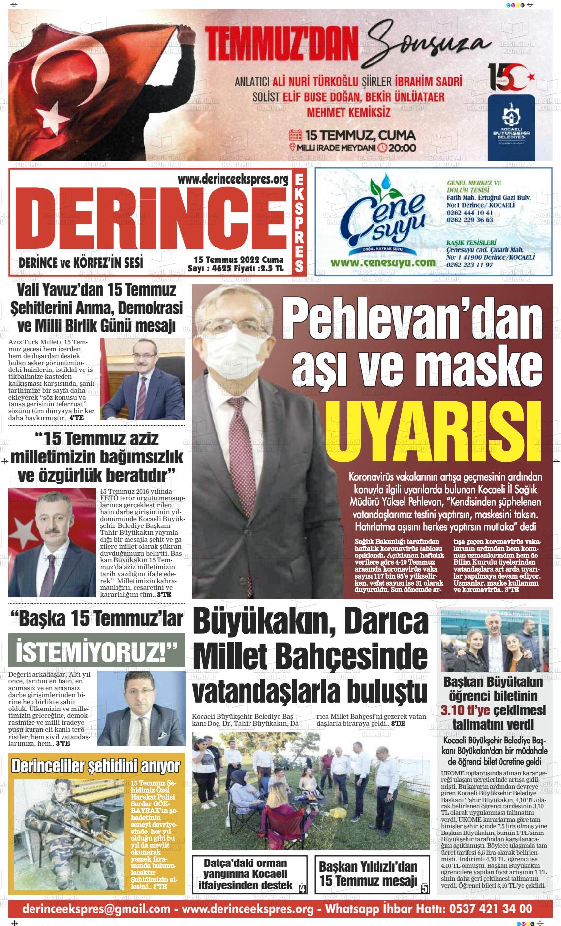 15 Temmuz 2022 Derince Ekspres Gazete Manşeti