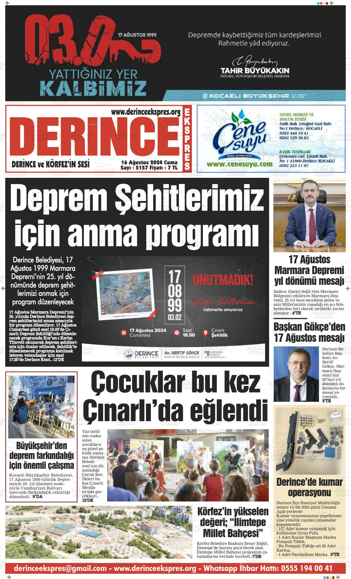 16 Ağustos 2024 Derince Ekspres Gazete Manşeti