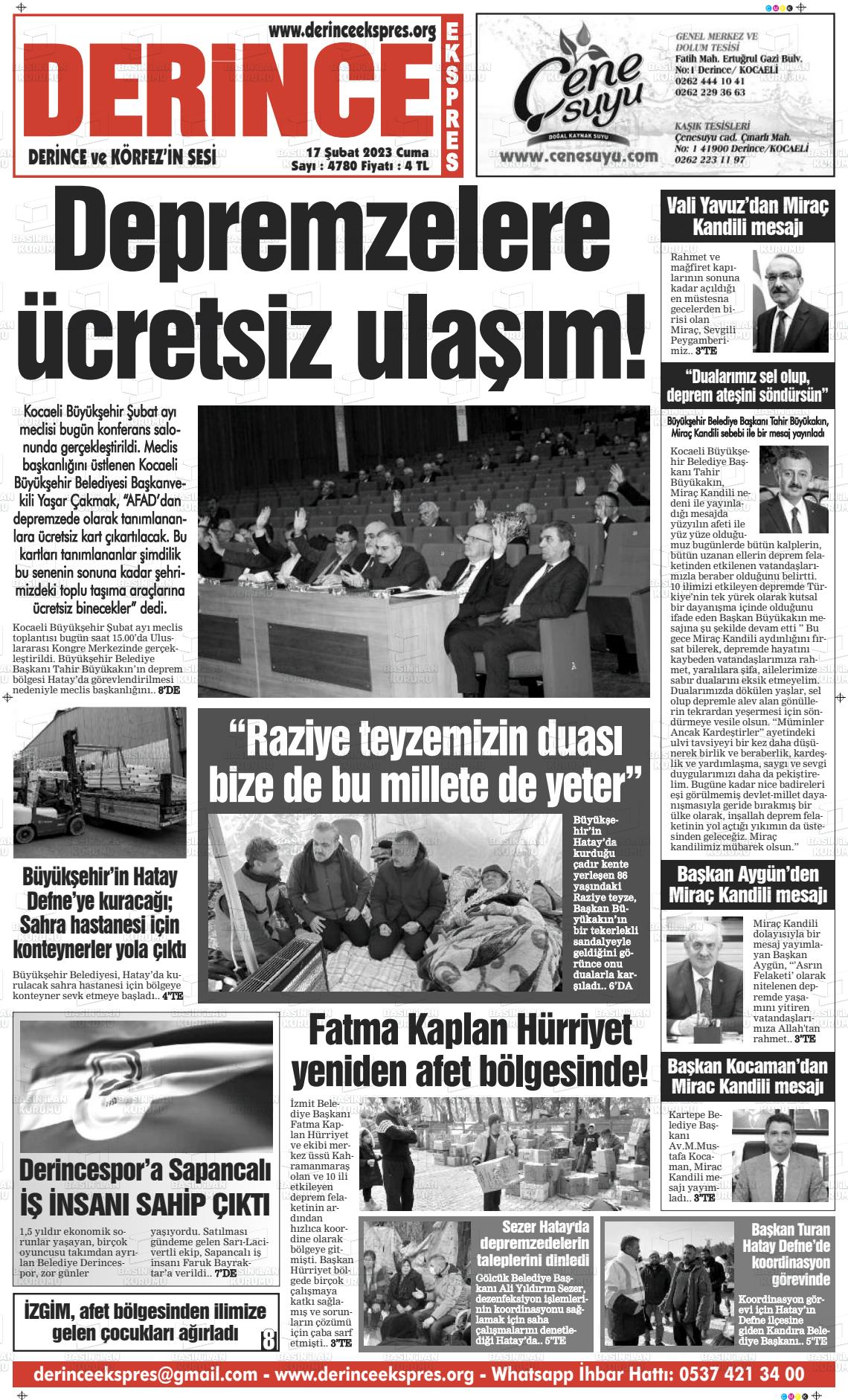 17 Şubat 2023 Derince Ekspres Gazete Manşeti