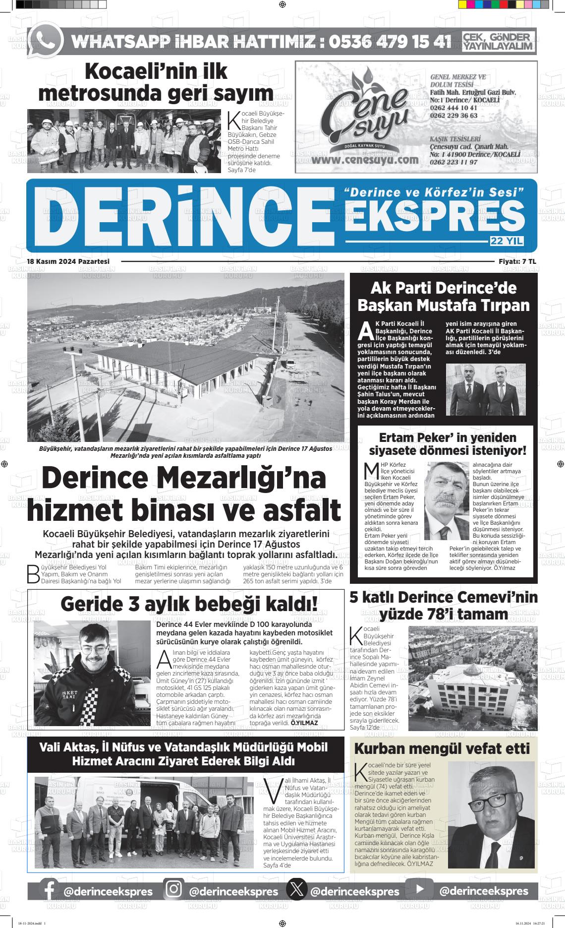 18 Kasım 2024 Derince Ekspres Gazete Manşeti