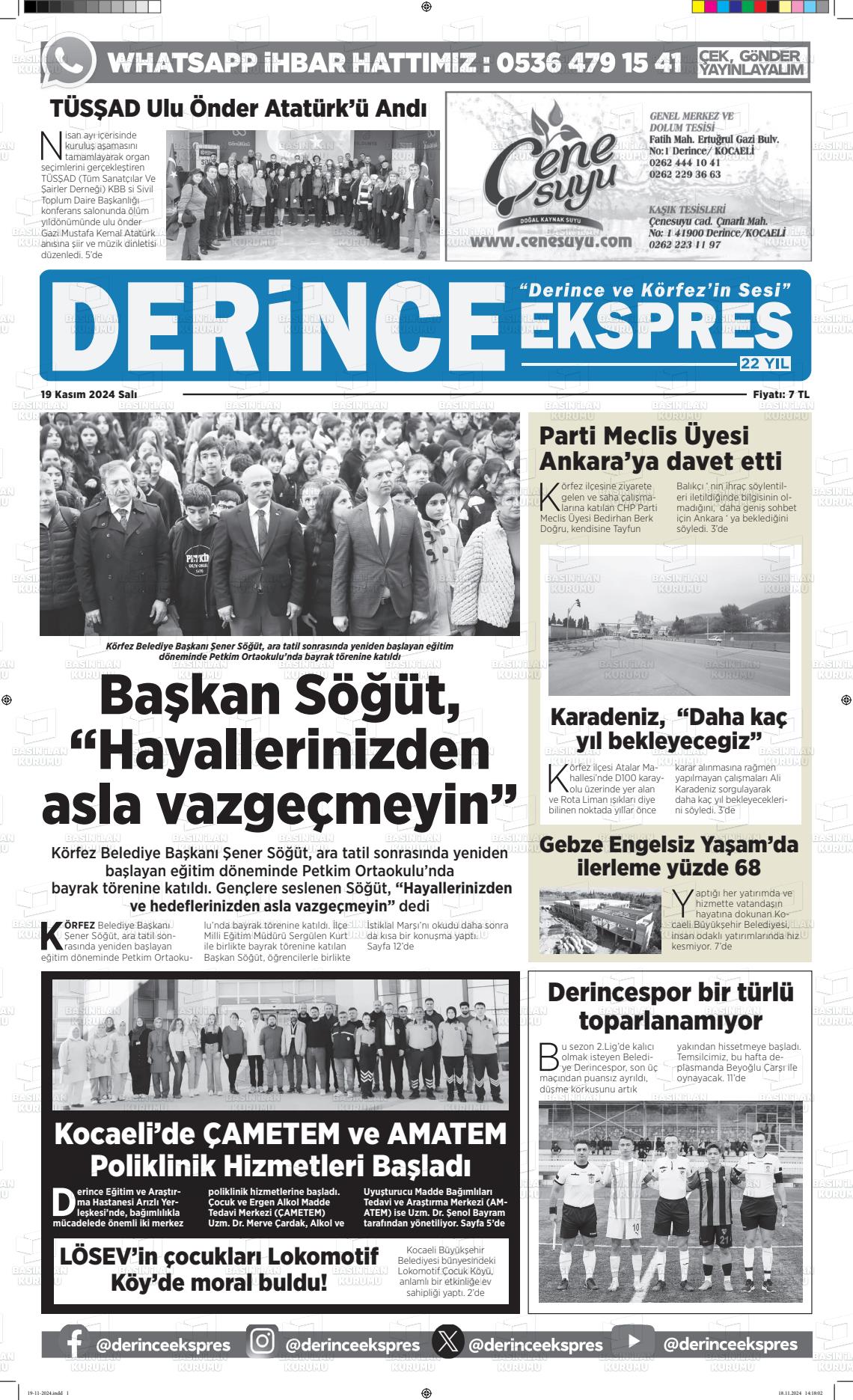 19 Kasım 2024 Derince Ekspres Gazete Manşeti