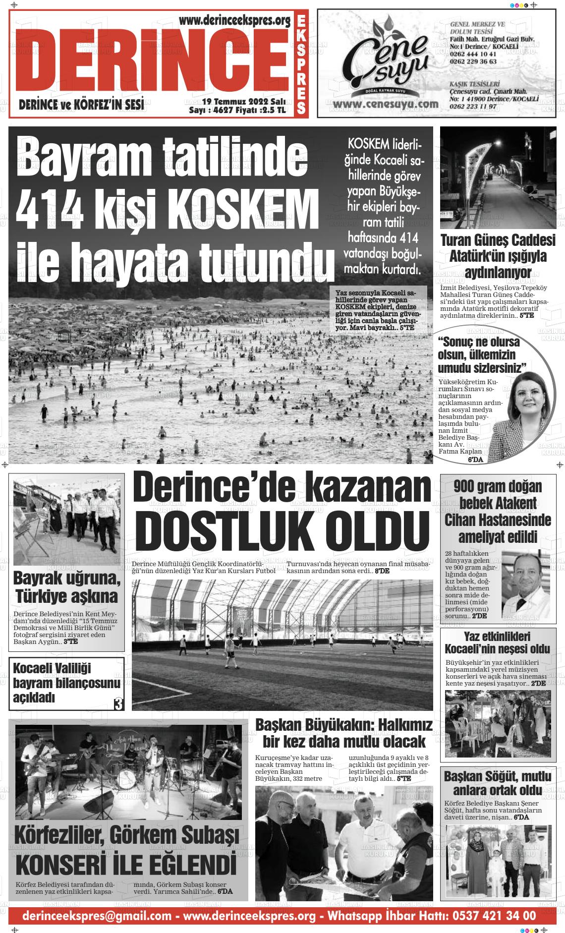 19 Temmuz 2022 Derince Ekspres Gazete Manşeti