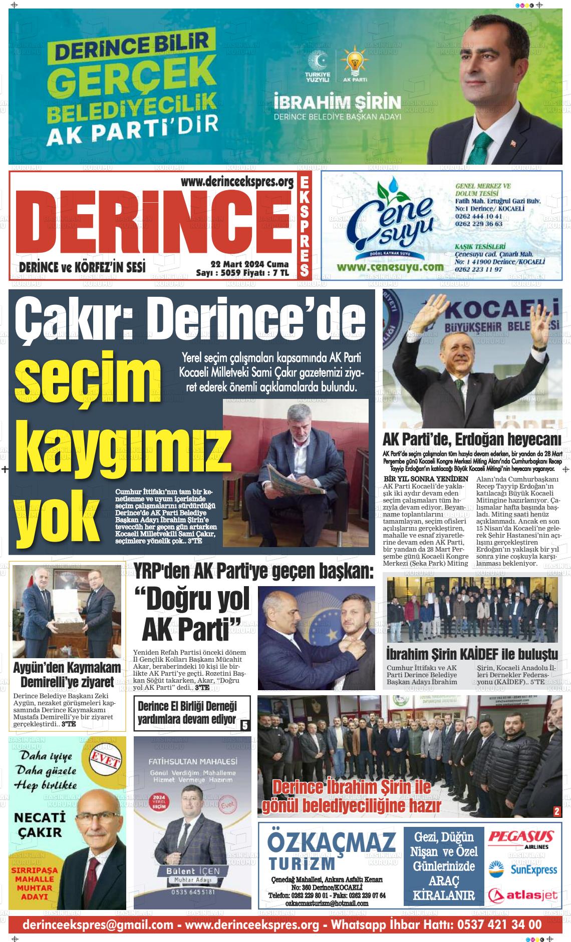 22 Mart 2024 Derince Ekspres Gazete Manşeti