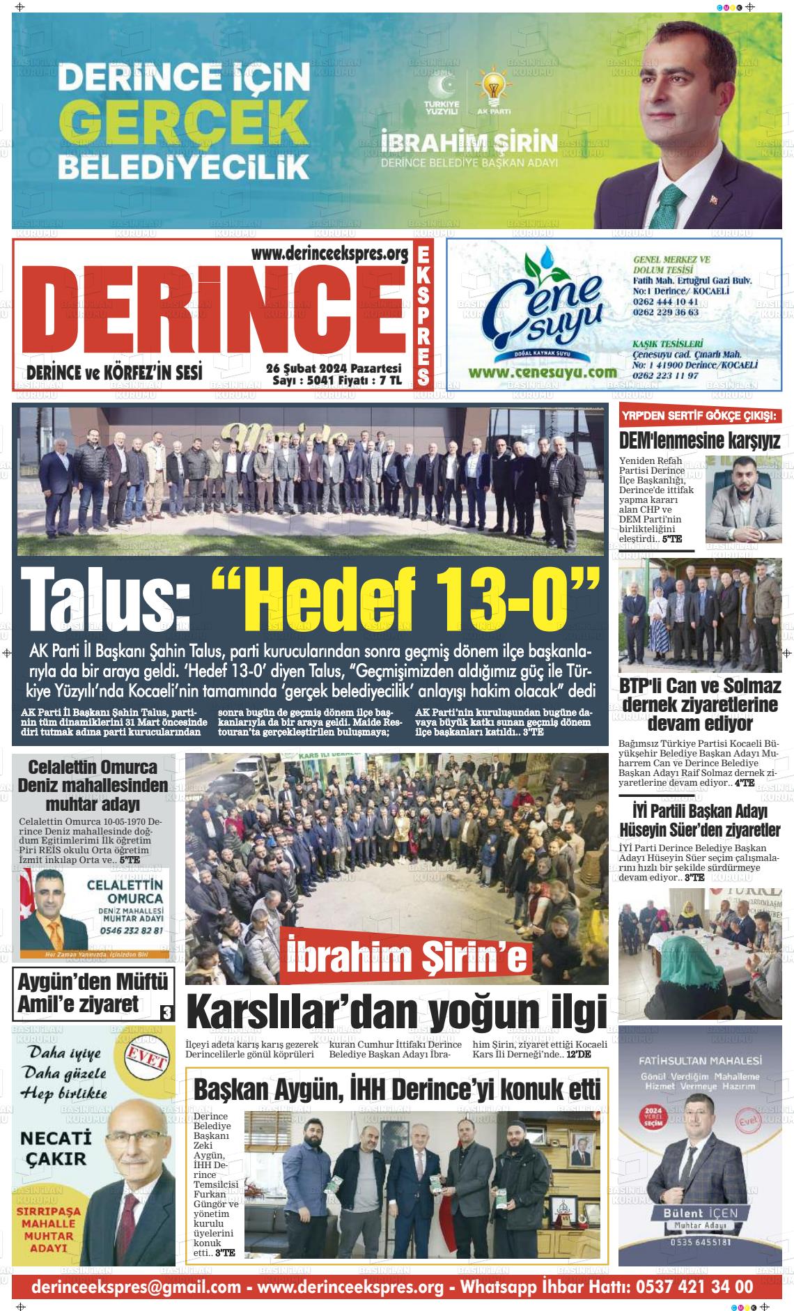 26 Şubat 2024 Derince Ekspres Gazete Manşeti